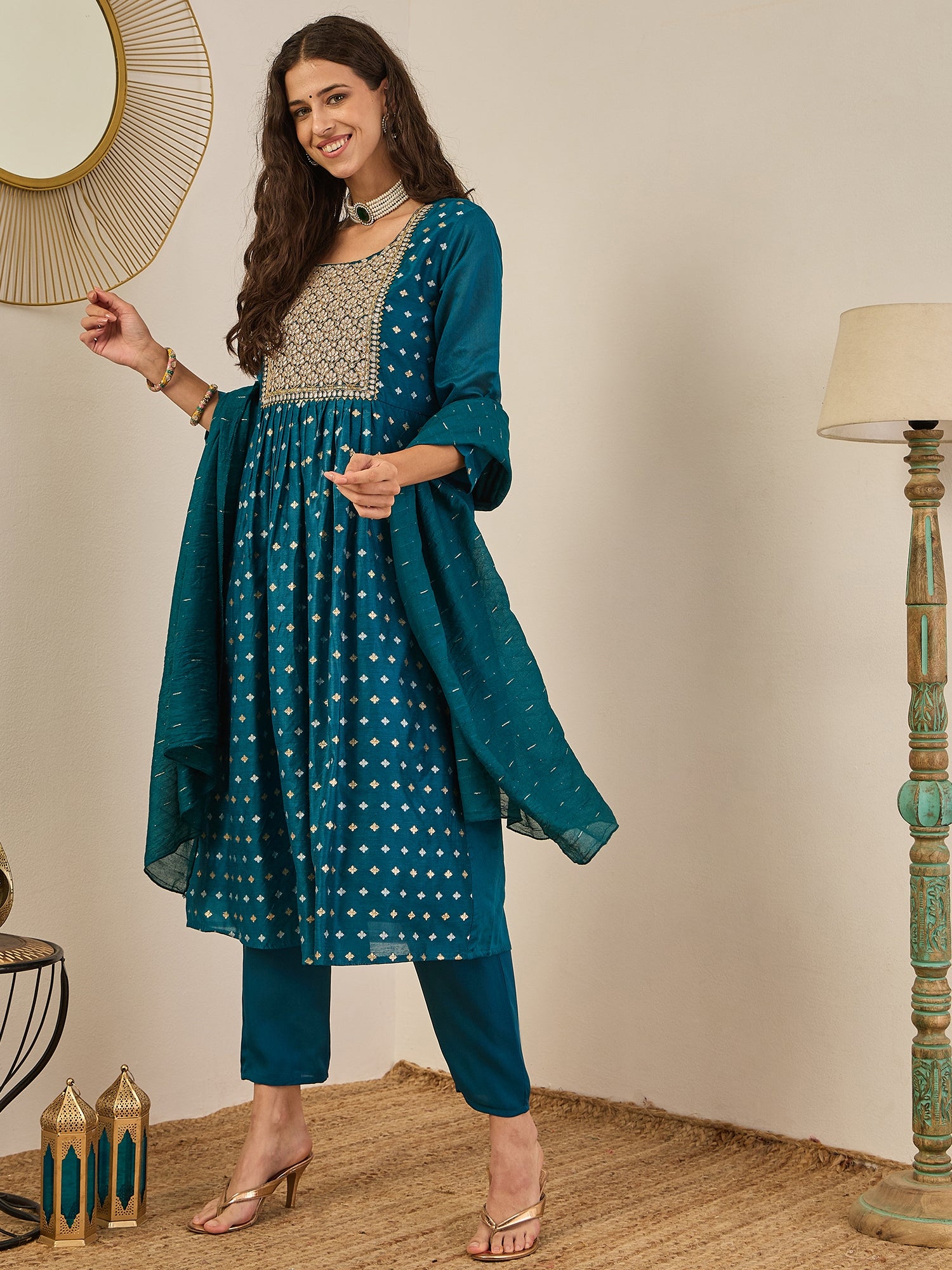 Phool Embroidered Chanderi Teal Suit Set with Dupatta Ethnic Sets