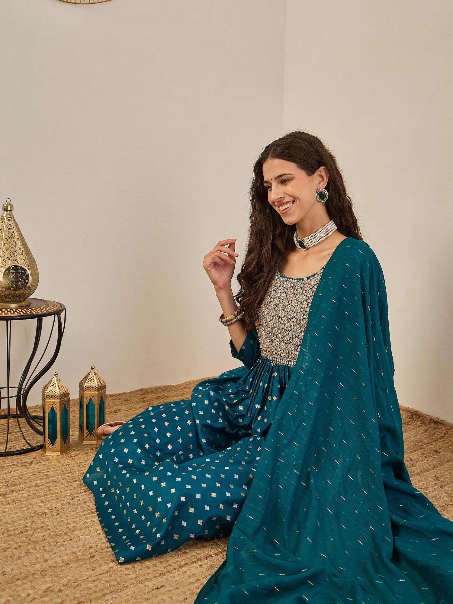 Phool Embroidered Chanderi Teal Suit Set with Dupatta Ethnic Sets