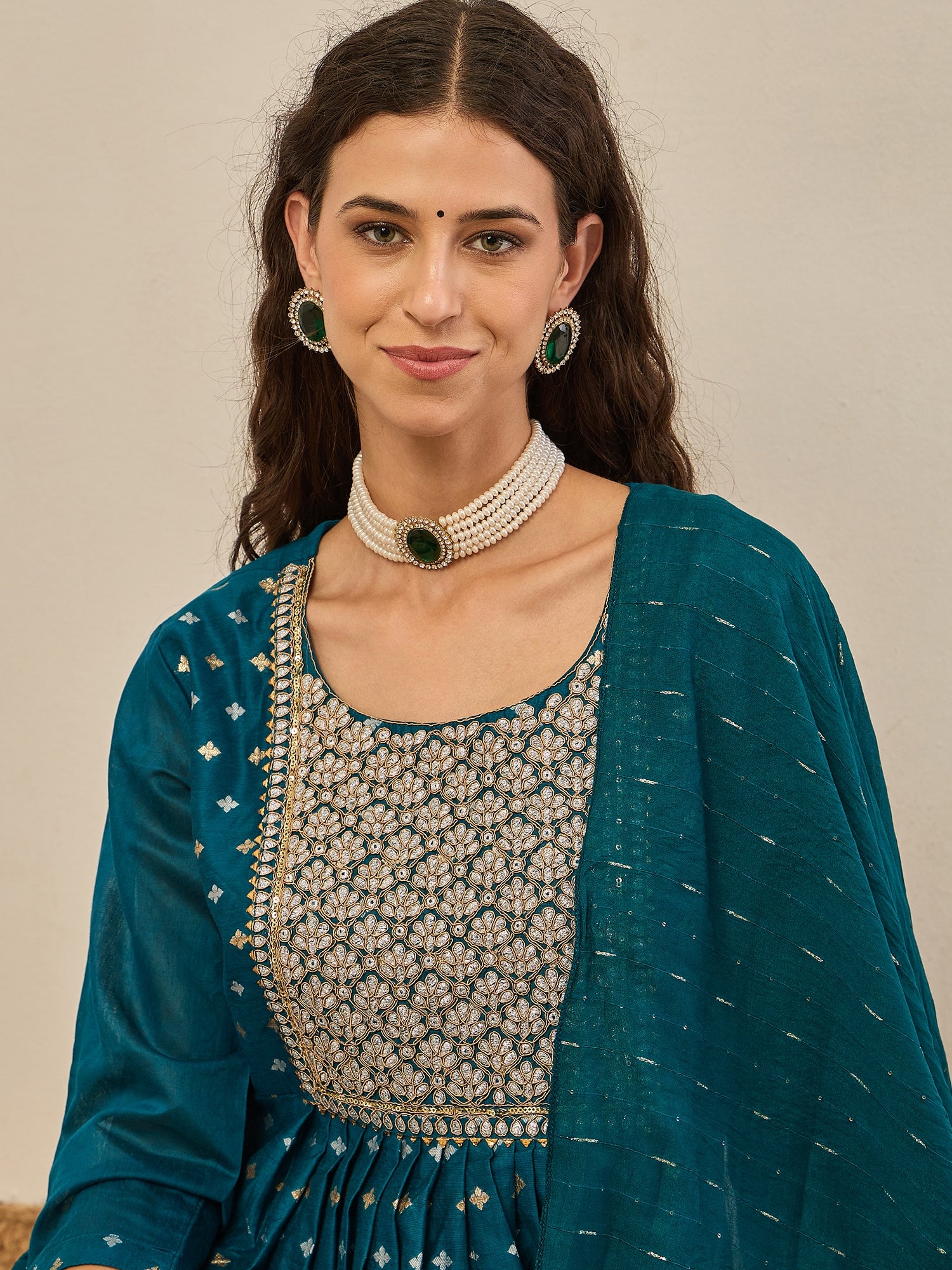 Phool Embroidered Chanderi Teal Suit Set with Dupatta Ethnic Sets