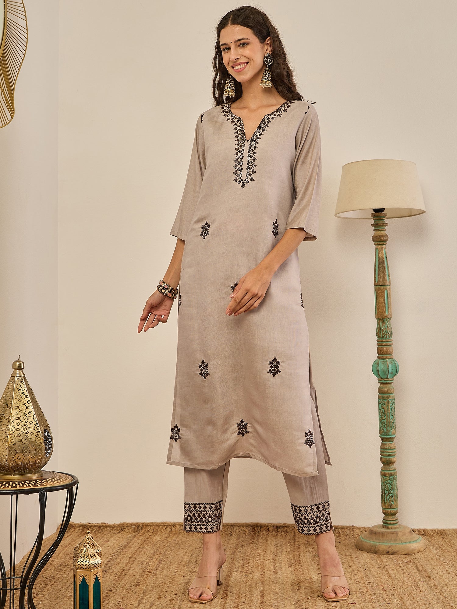 Saundh Grey Silk Blend Embroidered Kurta Set Suits