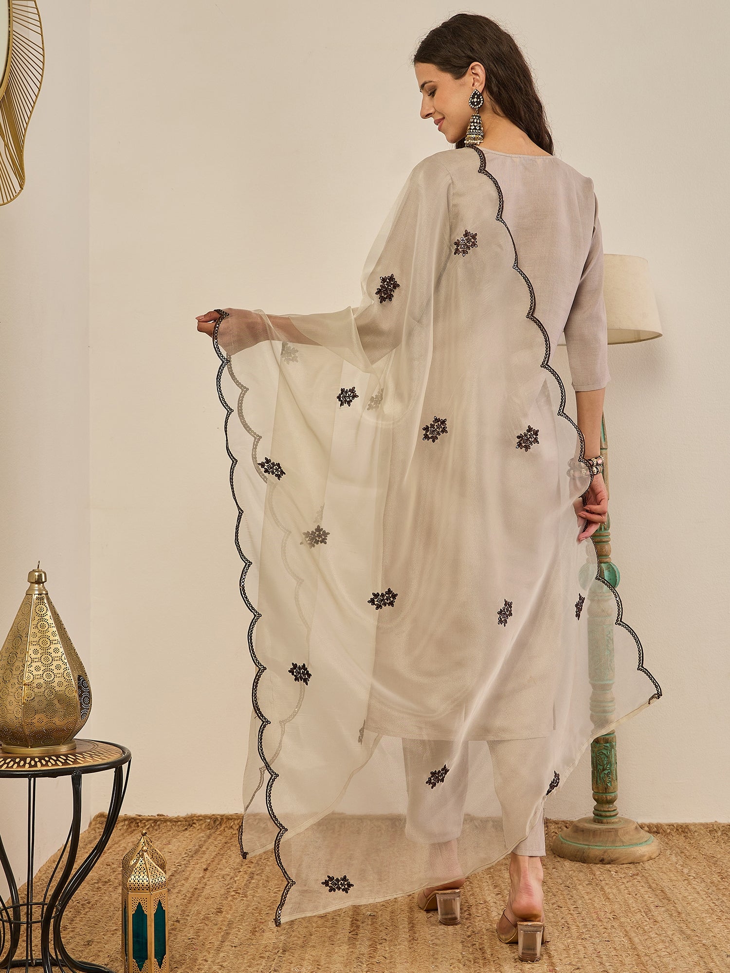 Saundh Grey Silk Blend Embroidered Kurta Set Suits