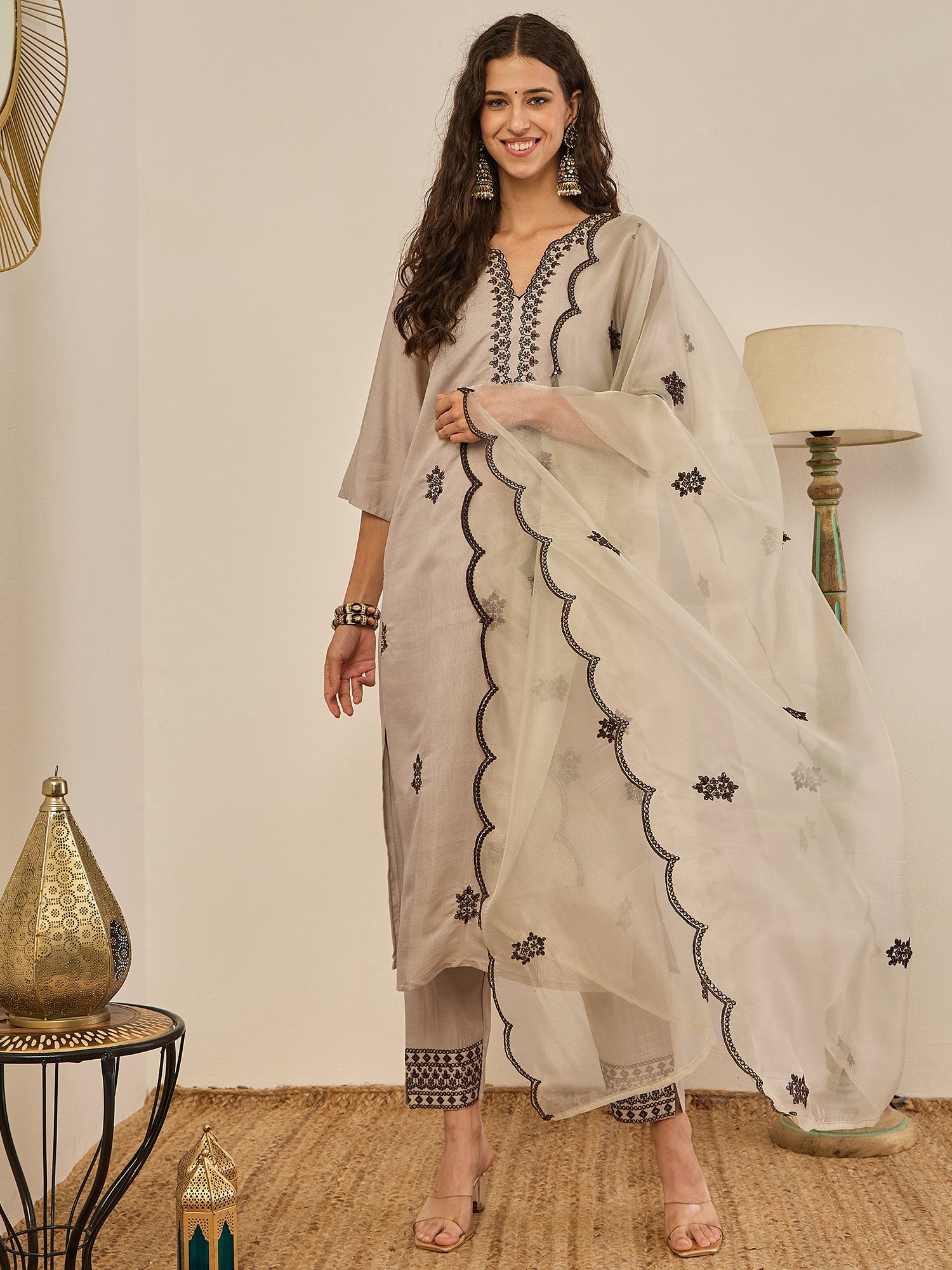 Saundh Grey Silk Blend Embroidered Kurta Set Suits