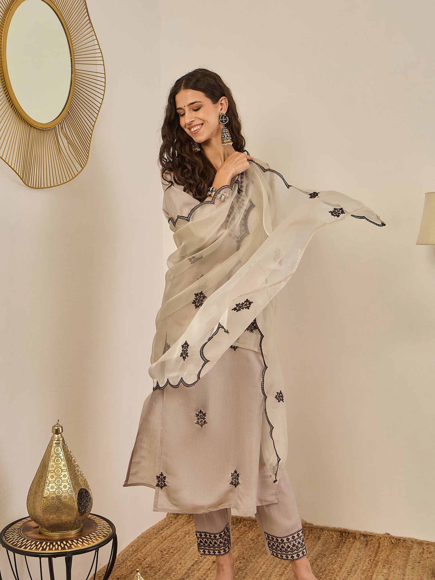 Saundh Grey Silk Blend Embroidered Kurta Set Suits