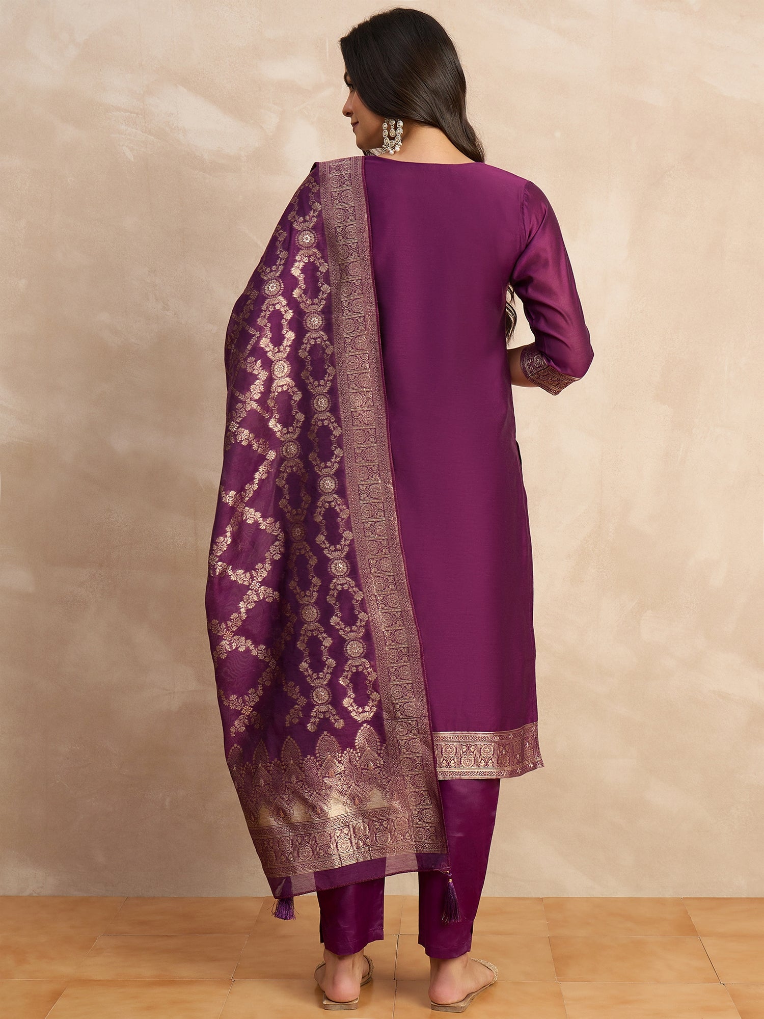 Paneri Purple Women's Silk Blend Banarasi Jacquard Zari Woven Straight Kurta Pant with Dupatta Set