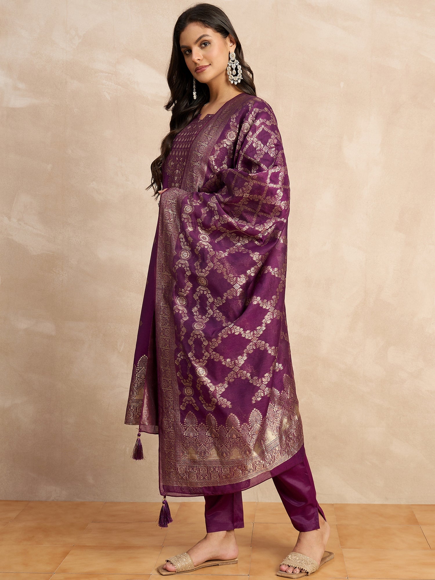 Paneri Purple Women's Silk Blend Banarasi Jacquard Zari Woven Straight Kurta Pant with Dupatta Set