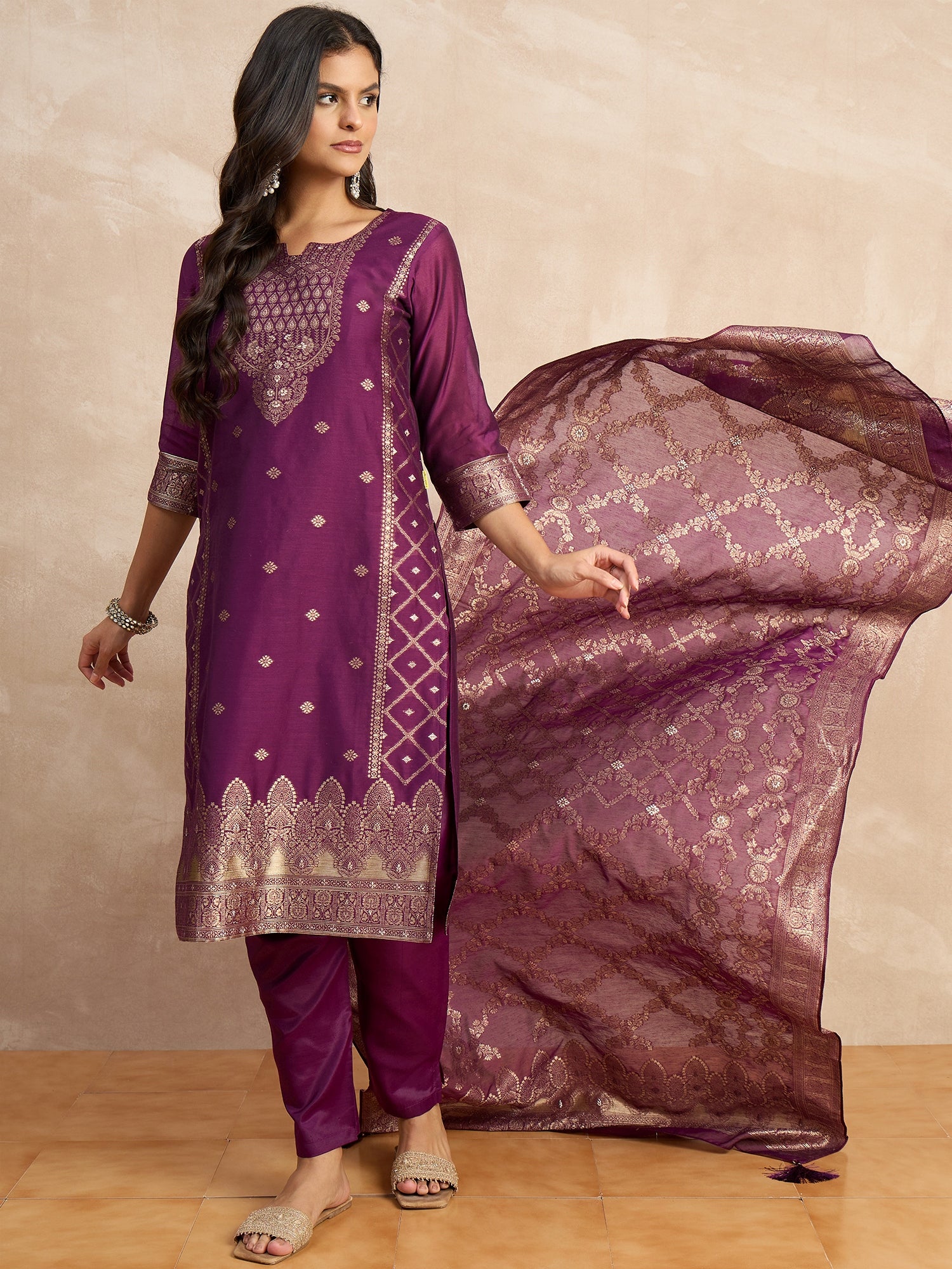 Paneri Purple Women's Silk Blend Banarasi Jacquard Zari Woven Straight Kurta Pant with Dupatta Set