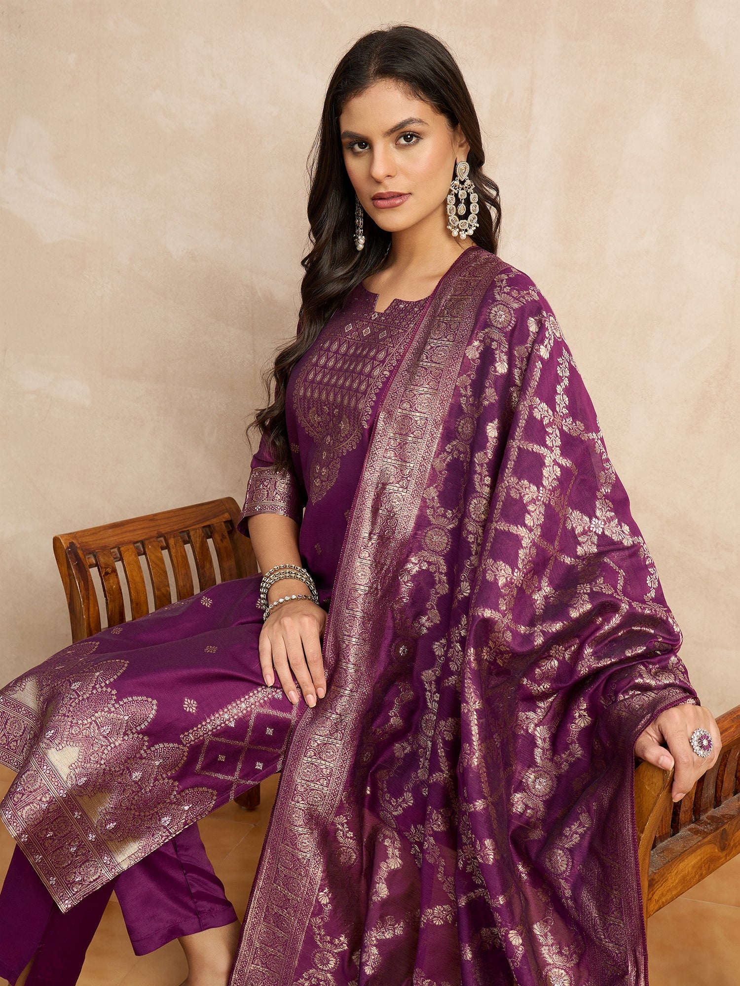 Paneri Purple Women's Silk Blend Banarasi Jacquard Zari Woven Straight Kurta Pant with Dupatta Set