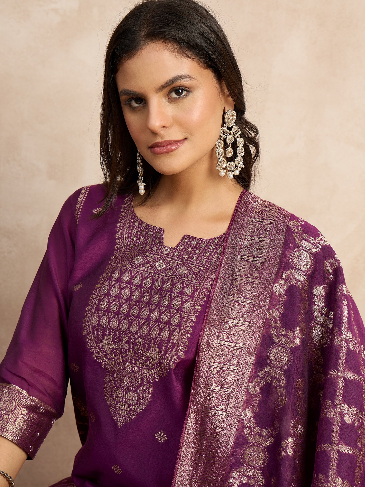 Paneri Purple Women's Silk Blend Banarasi Jacquard Zari Woven Straight Kurta Pant with Dupatta Set