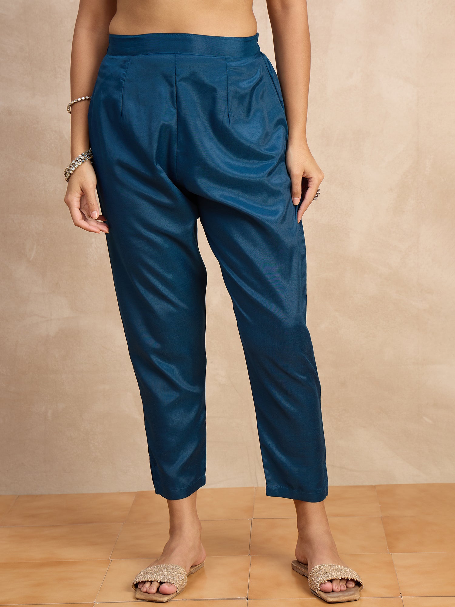 Paneri Teal blue Women's Silk Blend Banarasi Jacquard Zari Woven Straight Kurta Pant with Dupatta Set