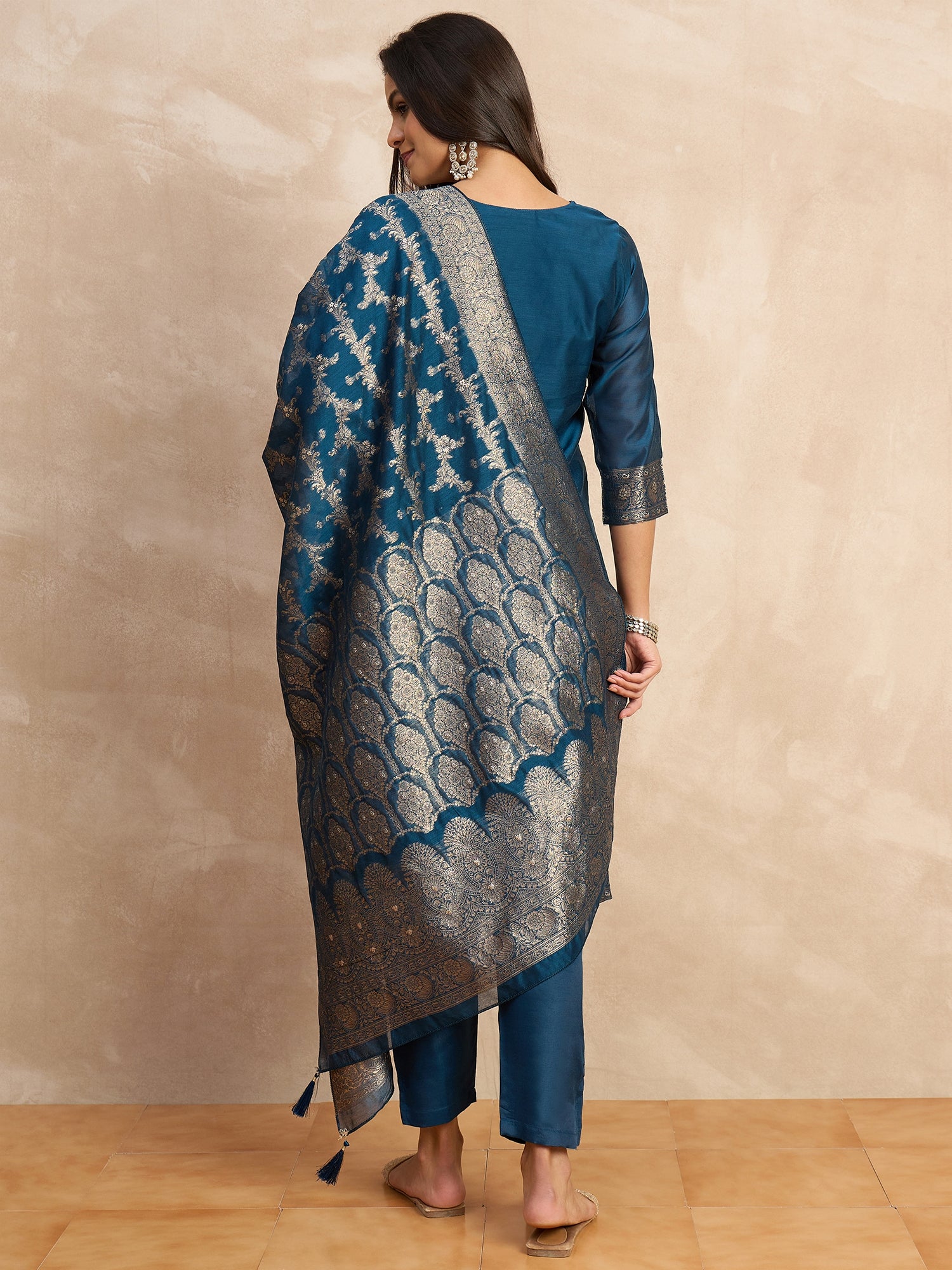 Paneri Teal blue Women's Silk Blend Banarasi Jacquard Zari Woven Straight Kurta Pant with Dupatta Set