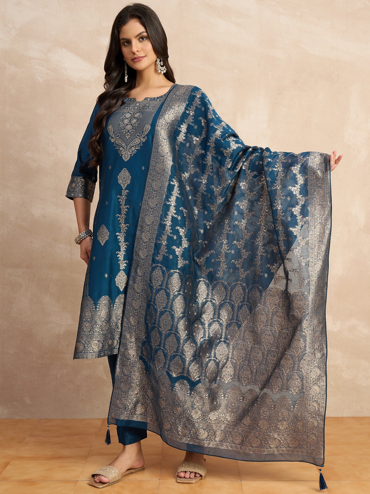 Paneri Teal blue Women's Silk Blend Banarasi Jacquard Zari Woven Straight Kurta Pant with Dupatta Set