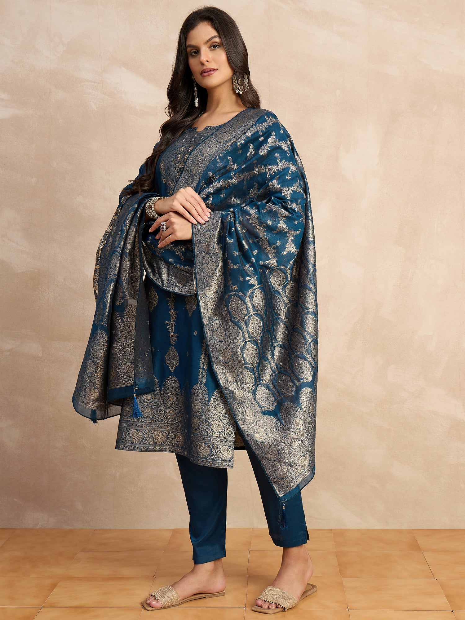 Paneri Teal blue Women's Silk Blend Banarasi Jacquard Zari Woven Straight Kurta Pant with Dupatta Set