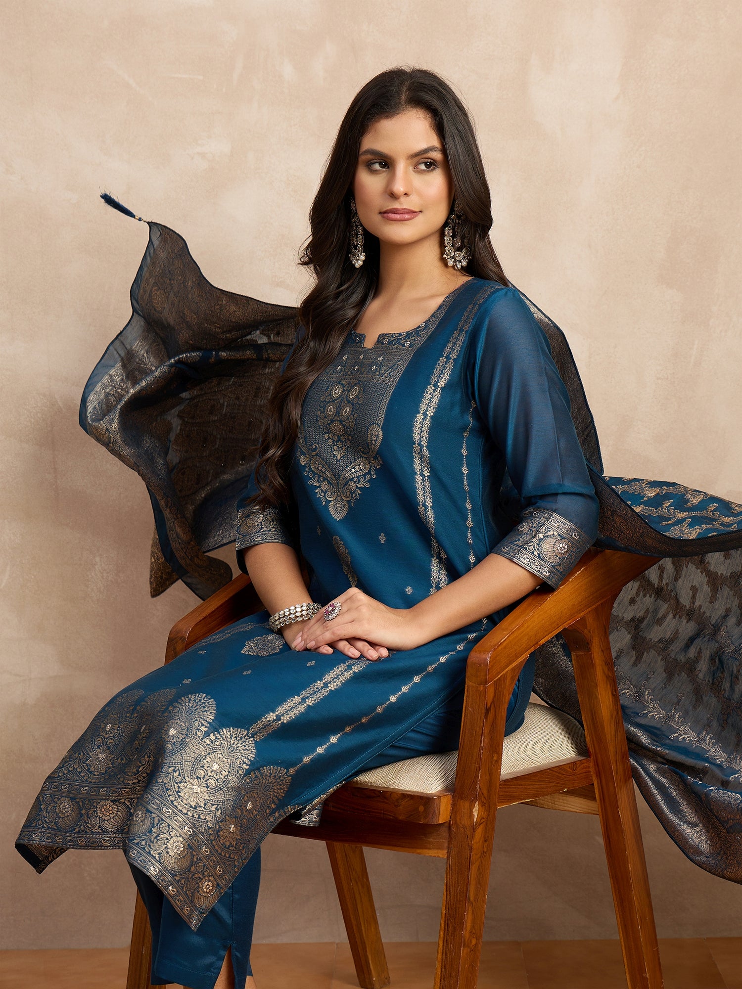 Paneri Teal blue Women's Silk Blend Banarasi Jacquard Zari Woven Straight Kurta Pant with Dupatta Set