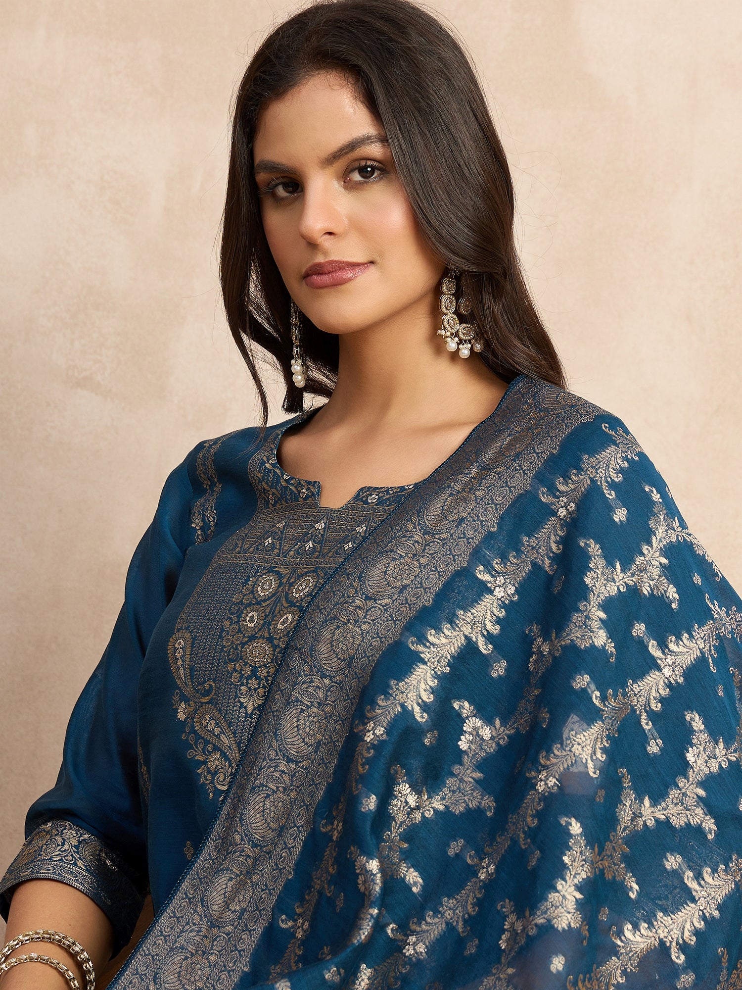 Paneri Teal blue Women's Silk Blend Banarasi Jacquard Zari Woven Straight Kurta Pant with Dupatta Set