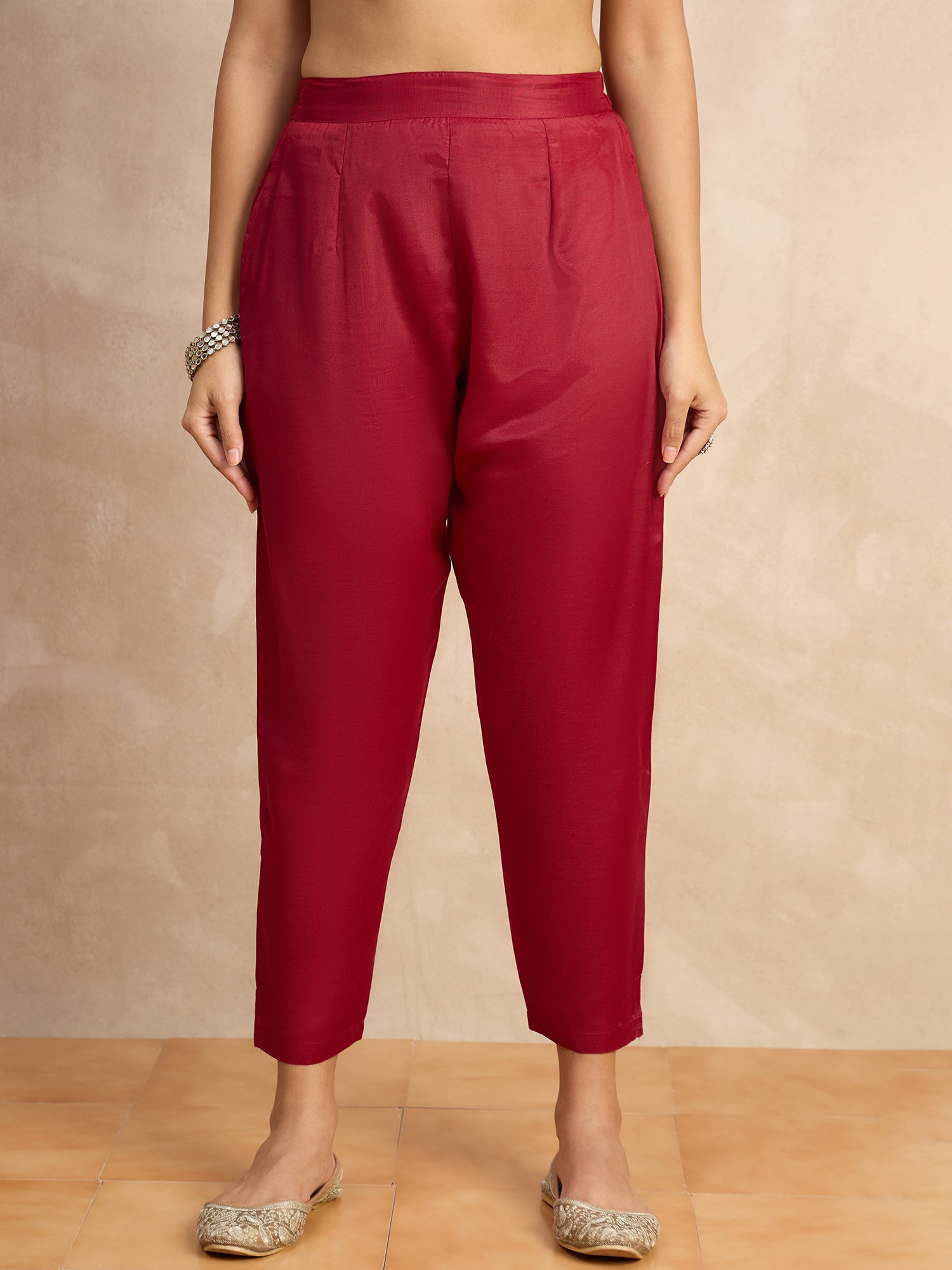 Paneri Red Women's Silk Blend Banarasi Jacquard Zari Woven Straight Kurta Pant with Dupatta Set