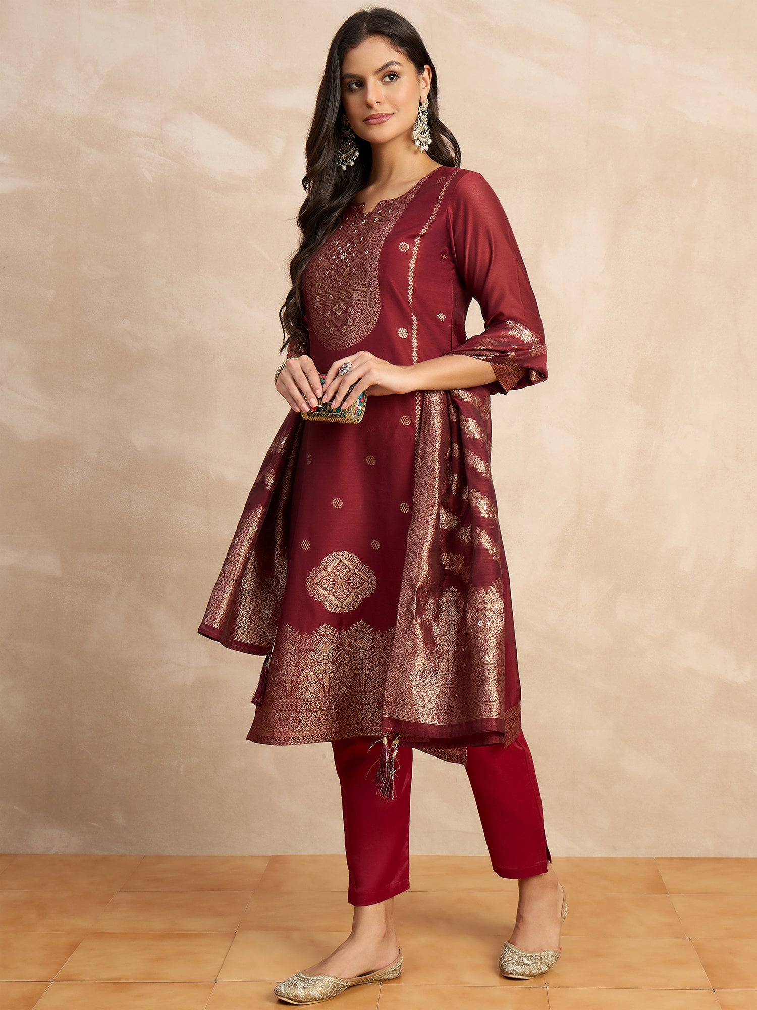 Paneri Red Women's Silk Blend Banarasi Jacquard Zari Woven Straight Kurta Pant with Dupatta Set