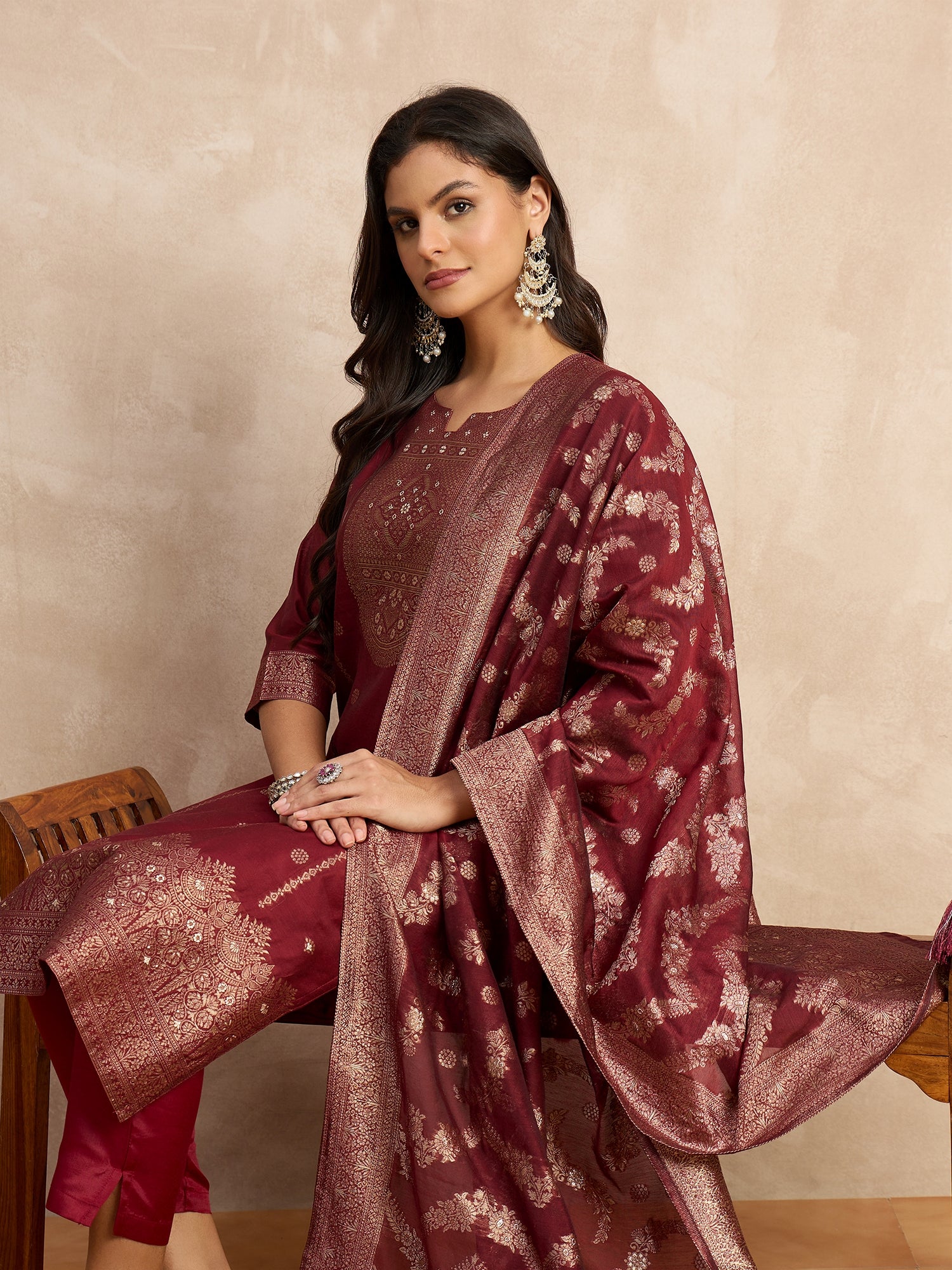 Paneri Red Women's Silk Blend Banarasi Jacquard Zari Woven Straight Kurta Pant with Dupatta Set