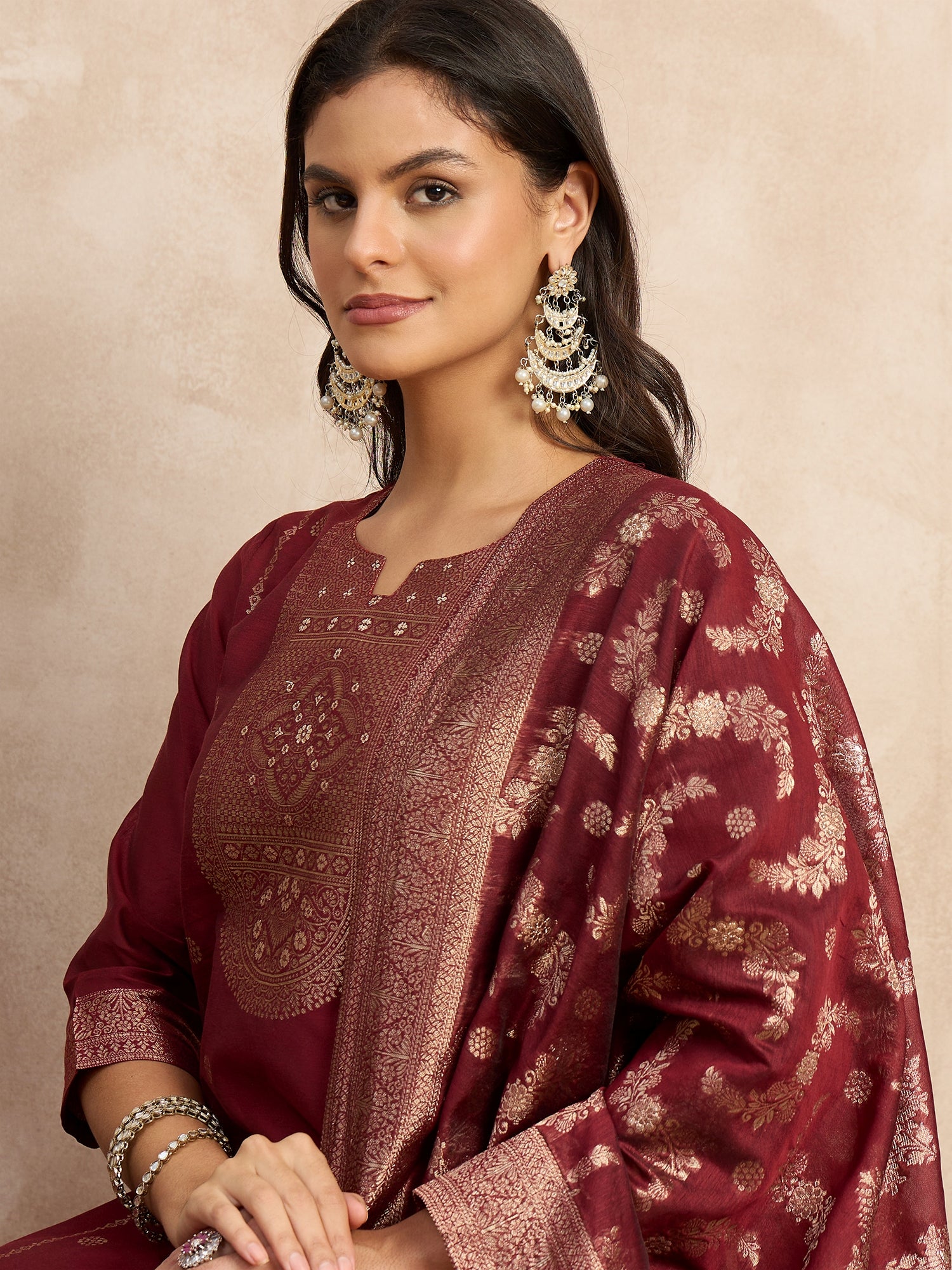 Paneri Red Women's Silk Blend Banarasi Jacquard Zari Woven Straight Kurta Pant with Dupatta Set