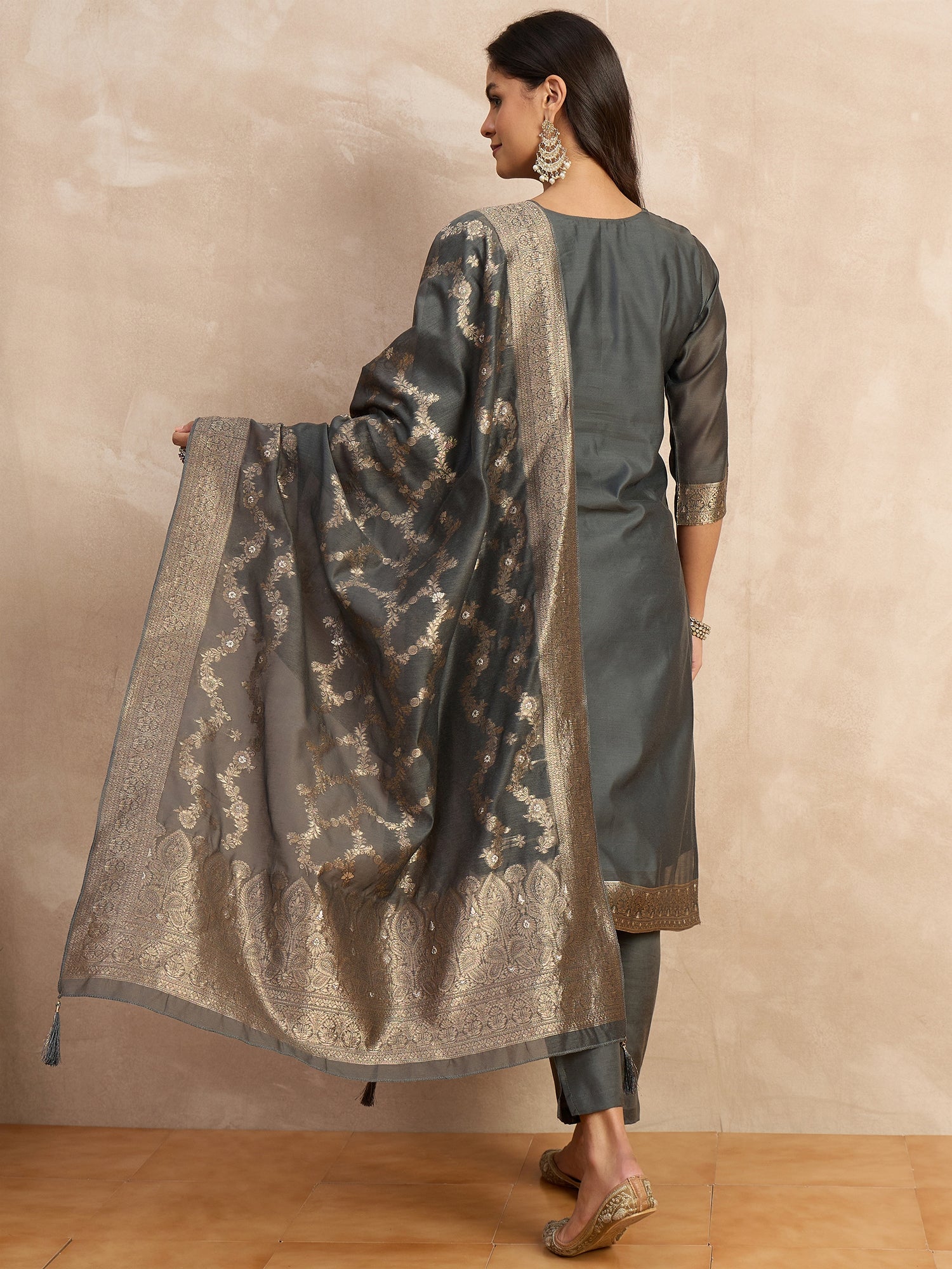 Paneri Grey Women's Silk Blend Banarasi Jacquard Zari Woven Straight Kurta Pant with Dupatta Set