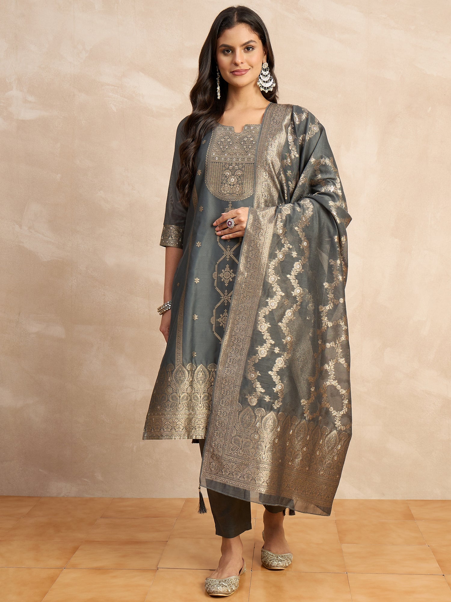 Paneri Grey Women's Silk Blend Banarasi Jacquard Zari Woven Straight Kurta Pant with Dupatta Set