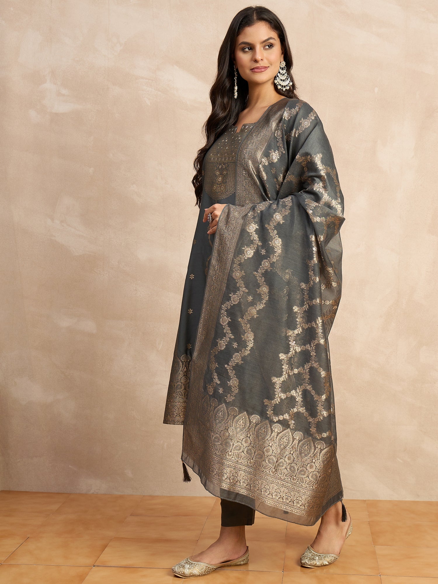 Paneri Grey Women's Silk Blend Banarasi Jacquard Zari Woven Straight Kurta Pant with Dupatta Set
