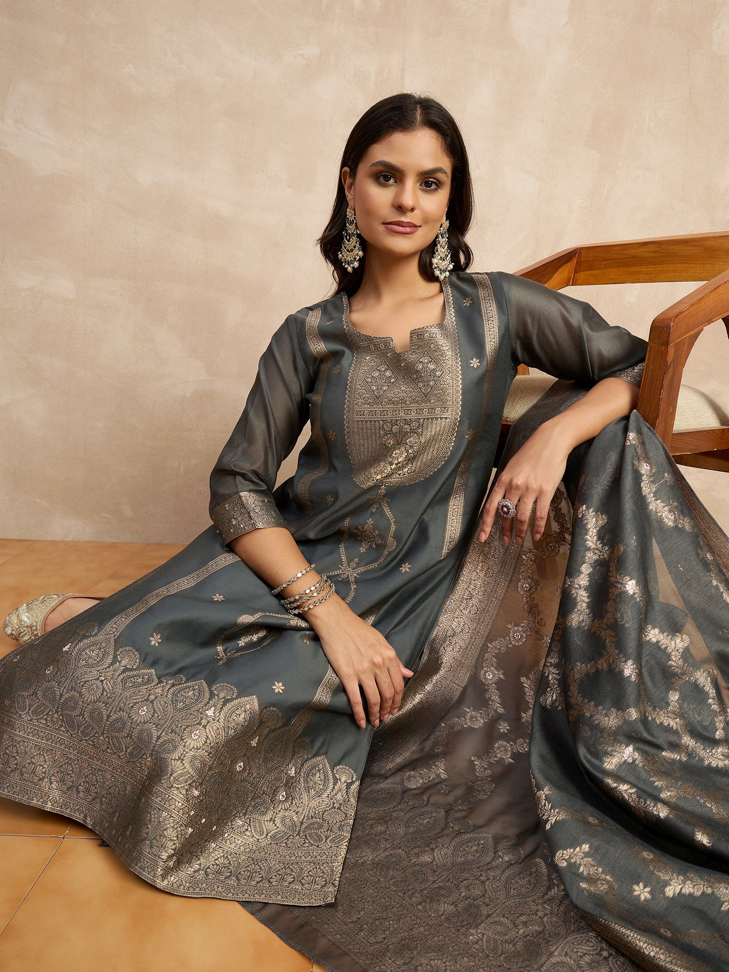 Paneri Grey Women's Silk Blend Banarasi Jacquard Zari Woven Straight Kurta Pant with Dupatta Set