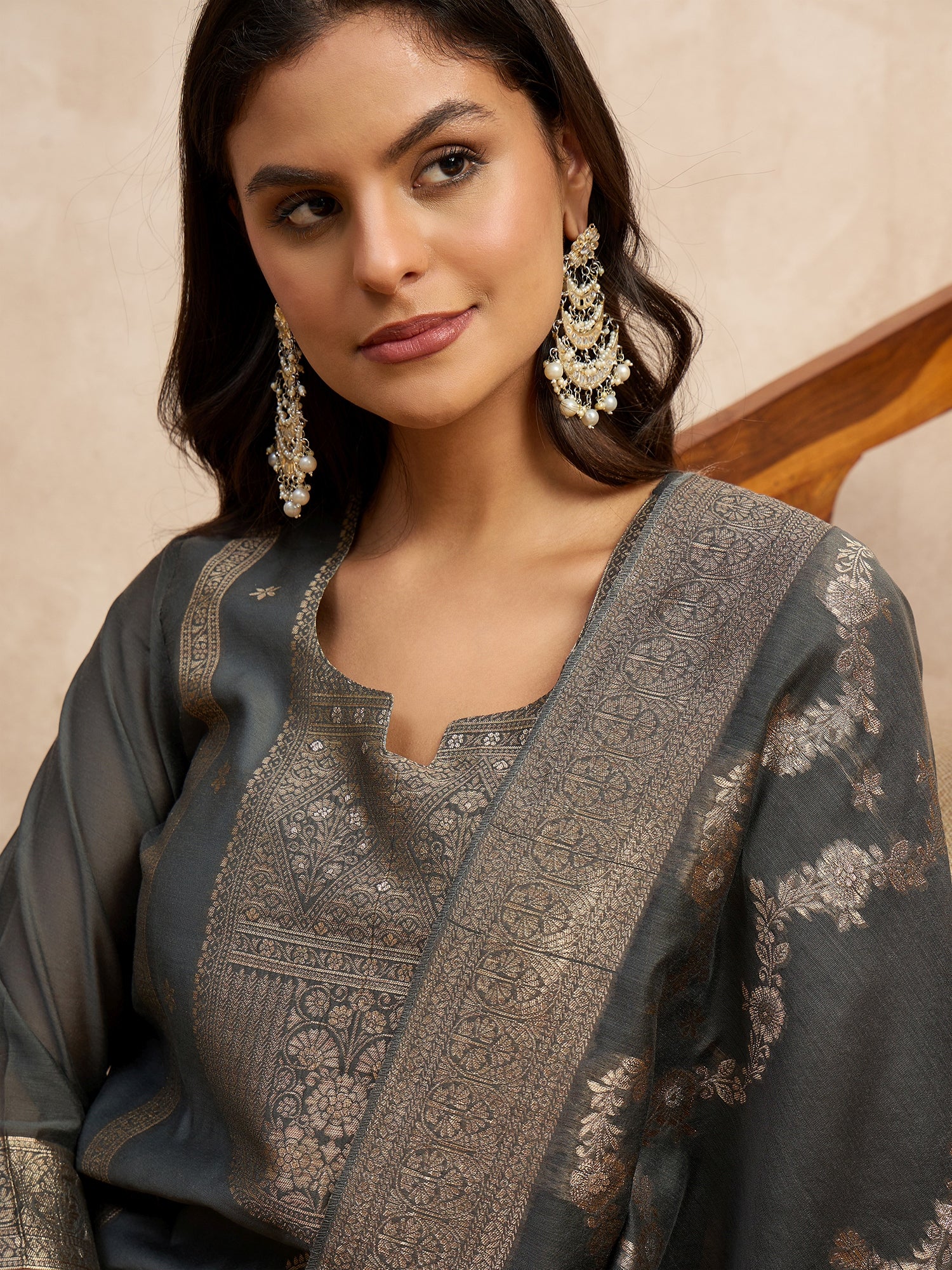 Paneri Grey Women's Silk Blend Banarasi Jacquard Zari Woven Straight Kurta Pant with Dupatta Set