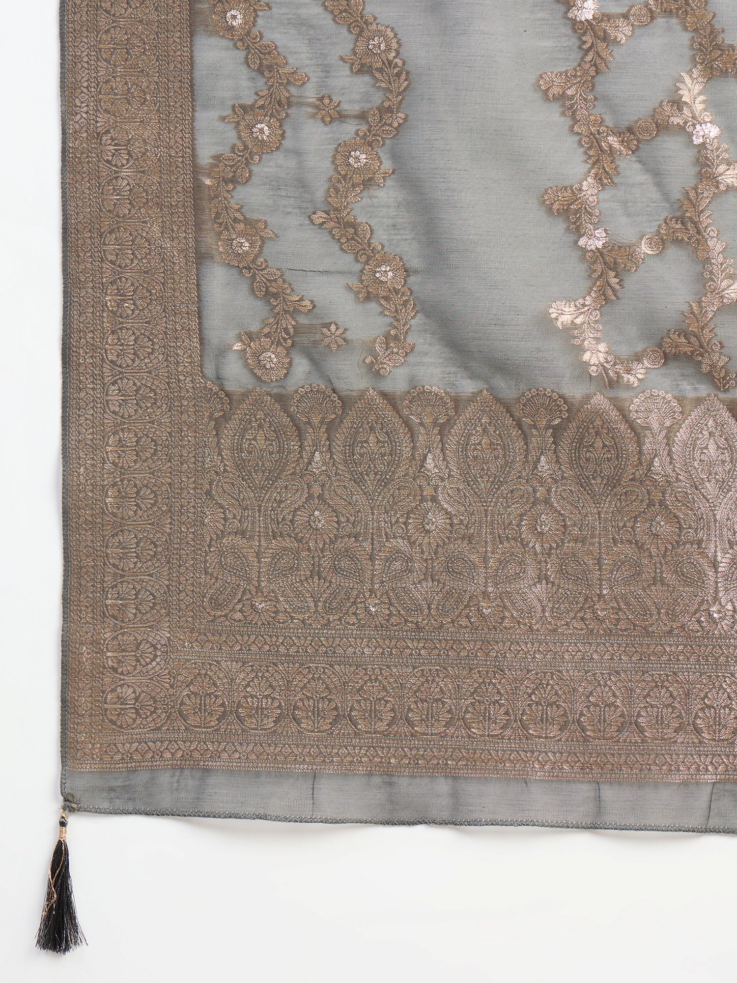 Paneri Grey Women's Silk Blend Banarasi Jacquard Zari Woven Straight Kurta Pant with Dupatta Set