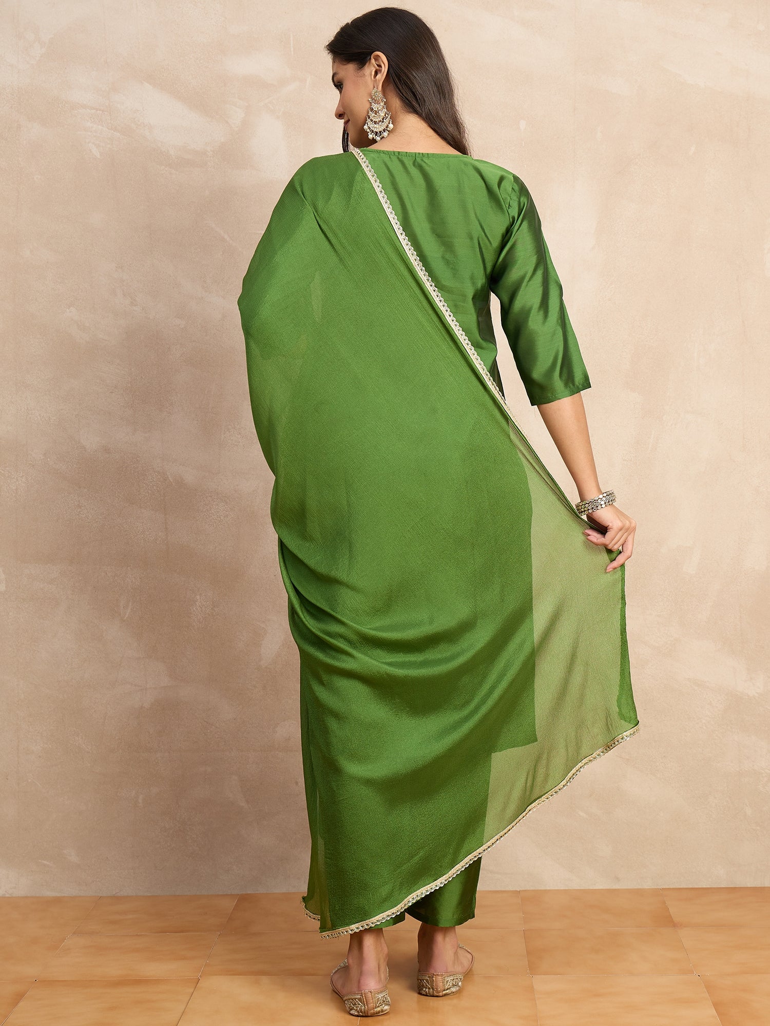 Aakar Light Green Women's Silk Blend Embroidery Kurta Pant Set with Dupatta