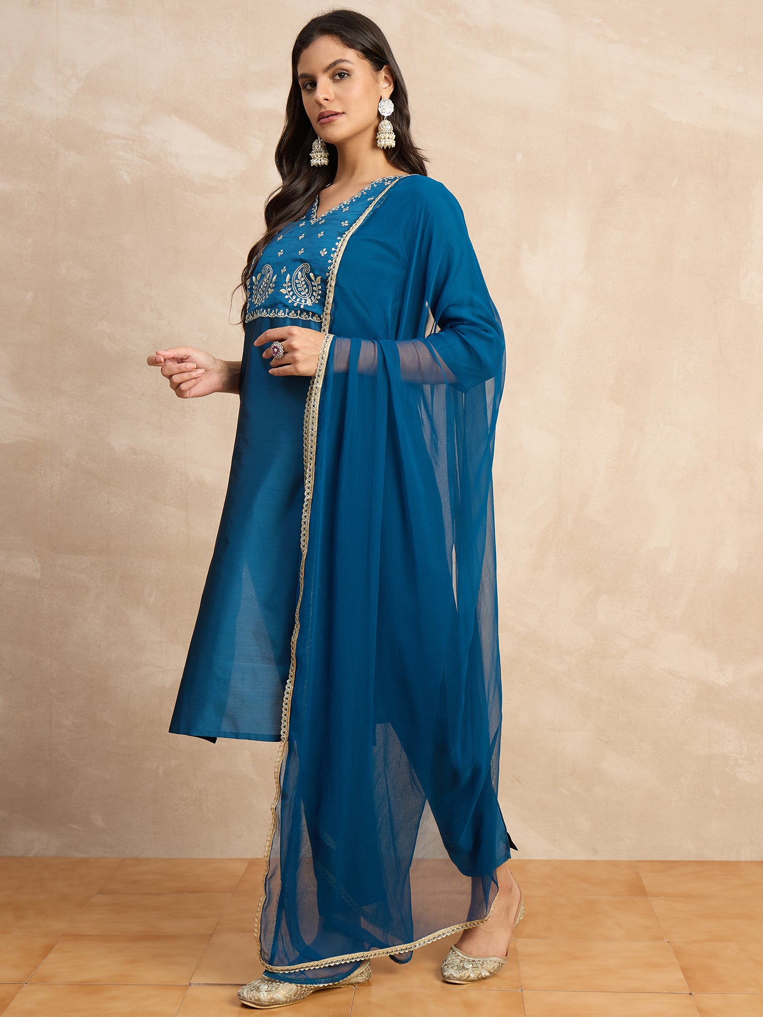 Aakar Teal Women's Silk Blend Embroidery Kurta Pant Set with Dupatta