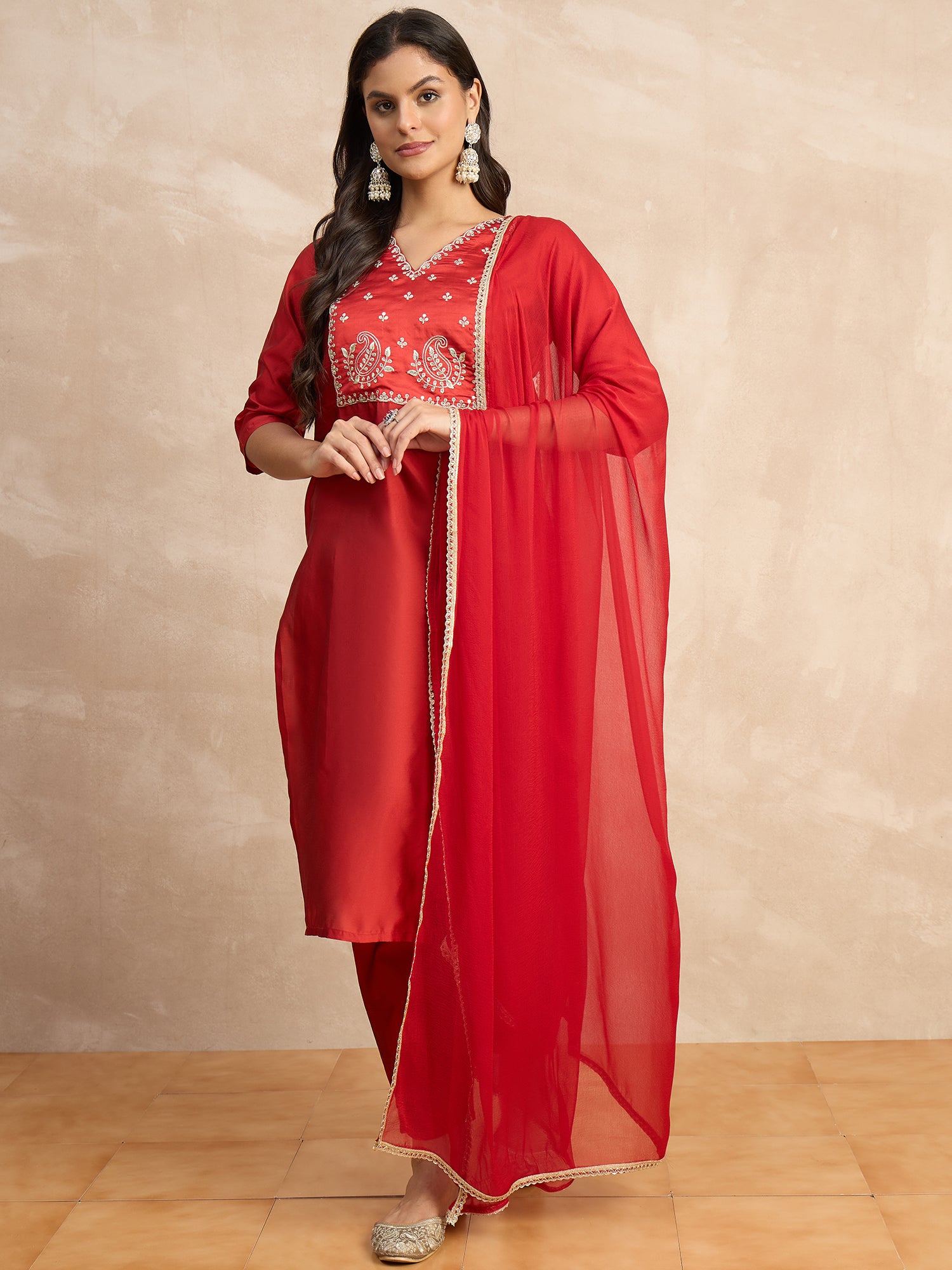 Aakar Red Women's Silk Blend Embroidery Kurta Pant Set with Dupatta