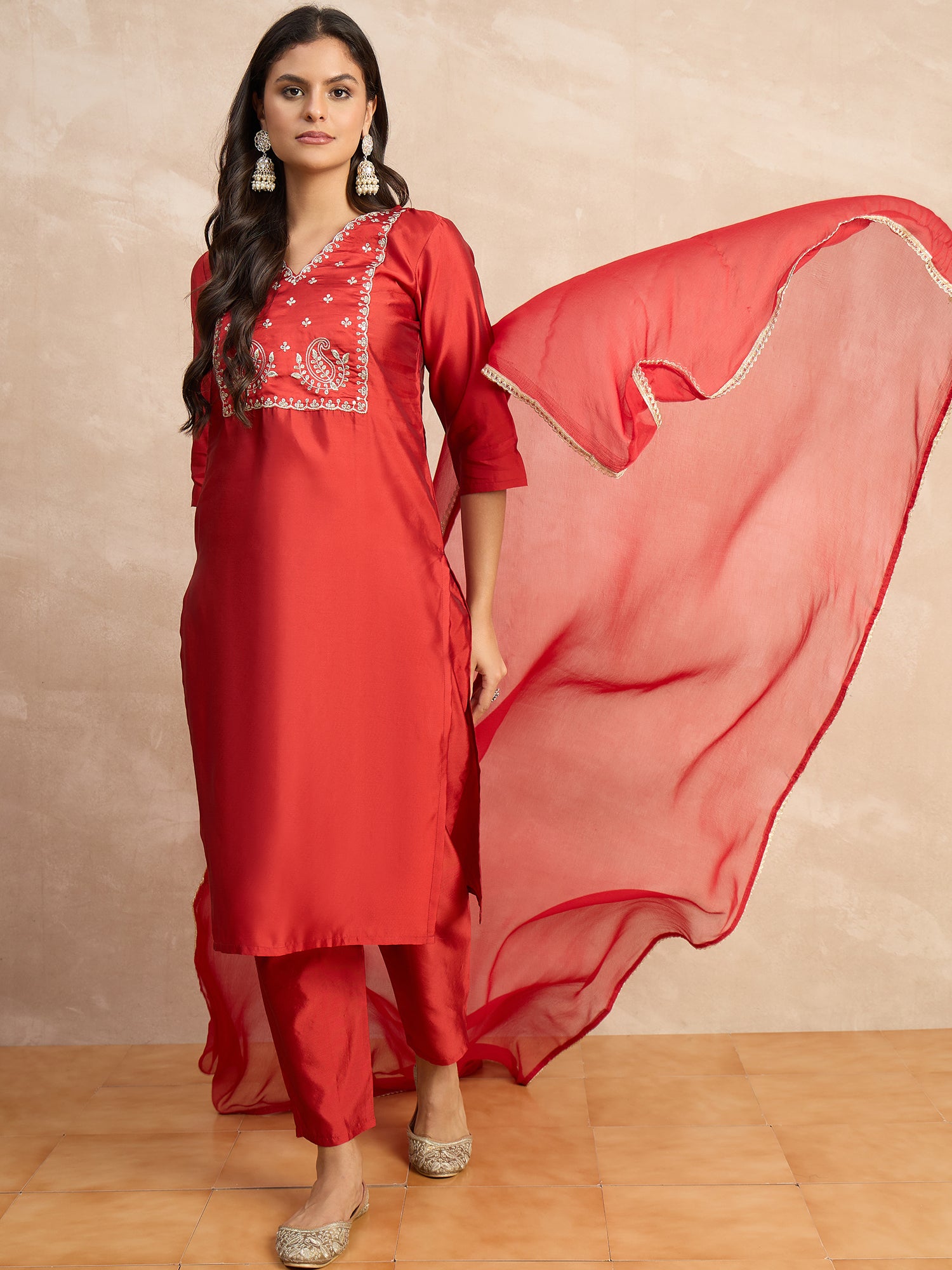 Aakar Red Women's Silk Blend Embroidery Kurta Pant Set with Dupatta