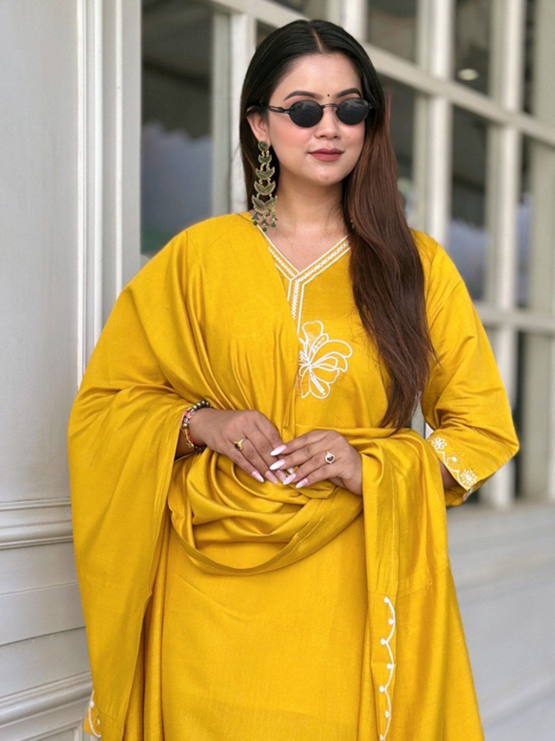 Neel Yellow Kurta and Pant Dupatta Sets Silk Blend Fabrics with Embroidery