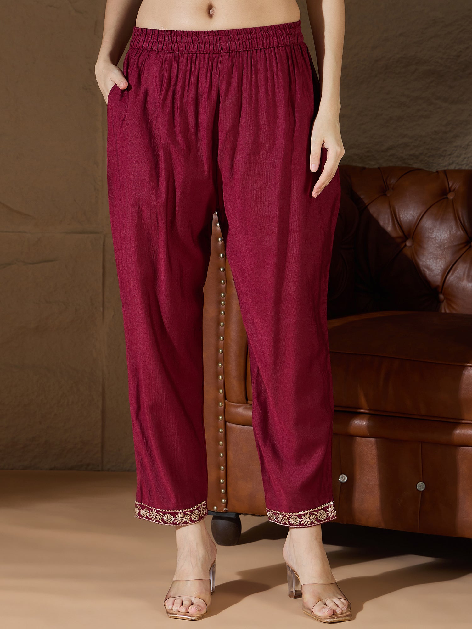 Chitra Charm Maroon Yoke Design Silk Blend Straight Suit With Dupatta