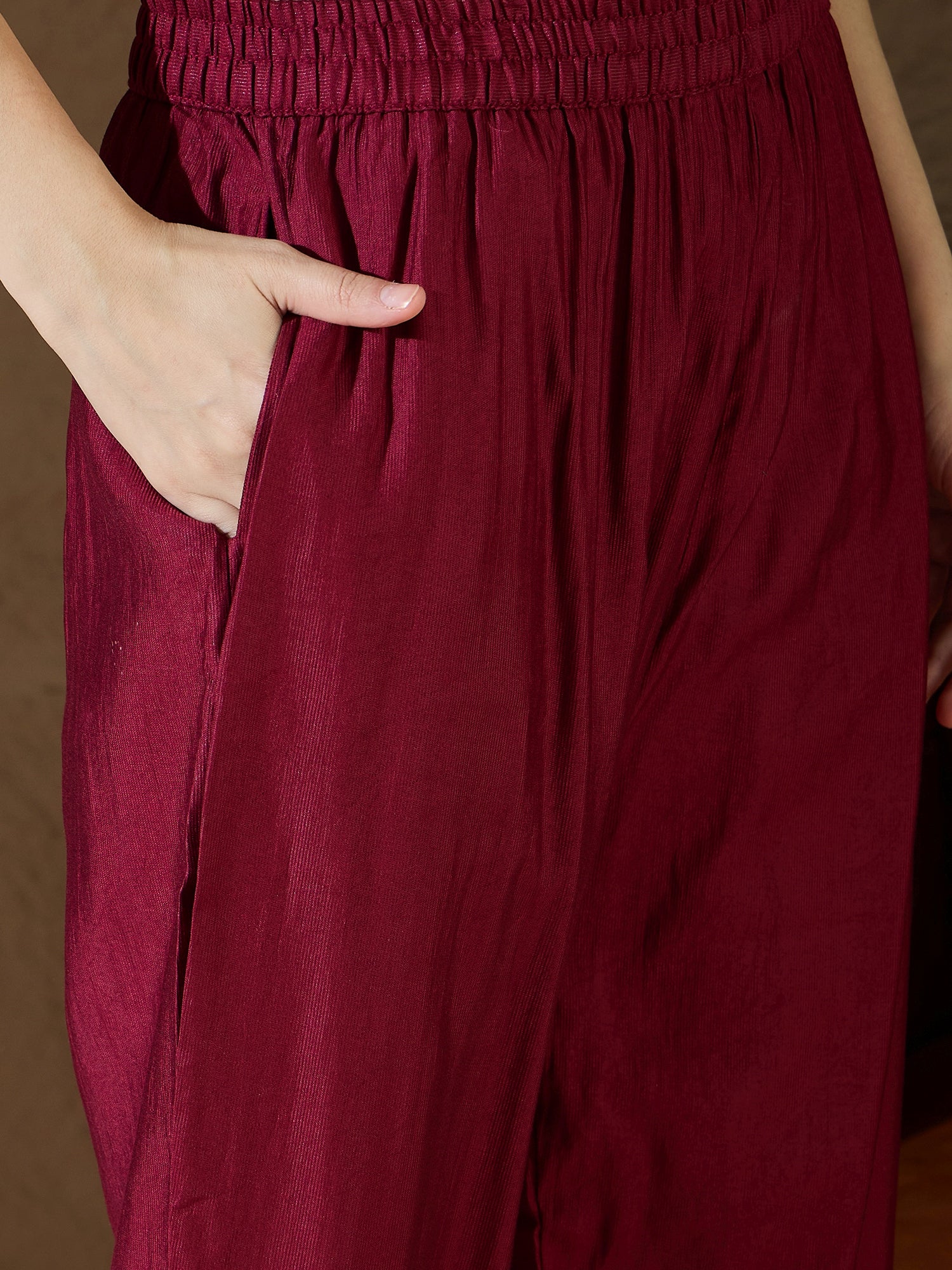 Chitra Charm Maroon Yoke Design Silk Blend Straight Suit With Dupatta
