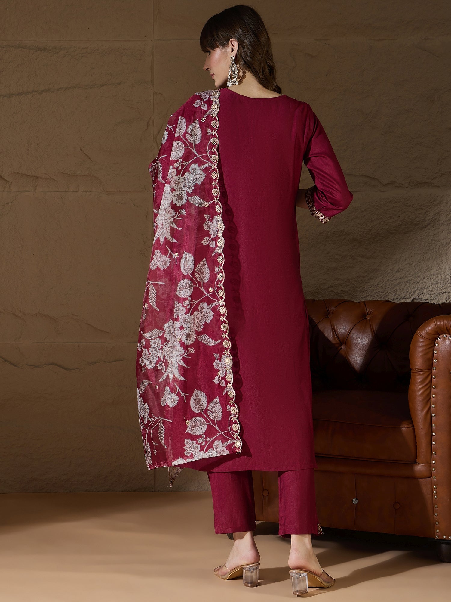 Chitra Charm Maroon Yoke Design Silk Blend Straight Suit With Dupatta