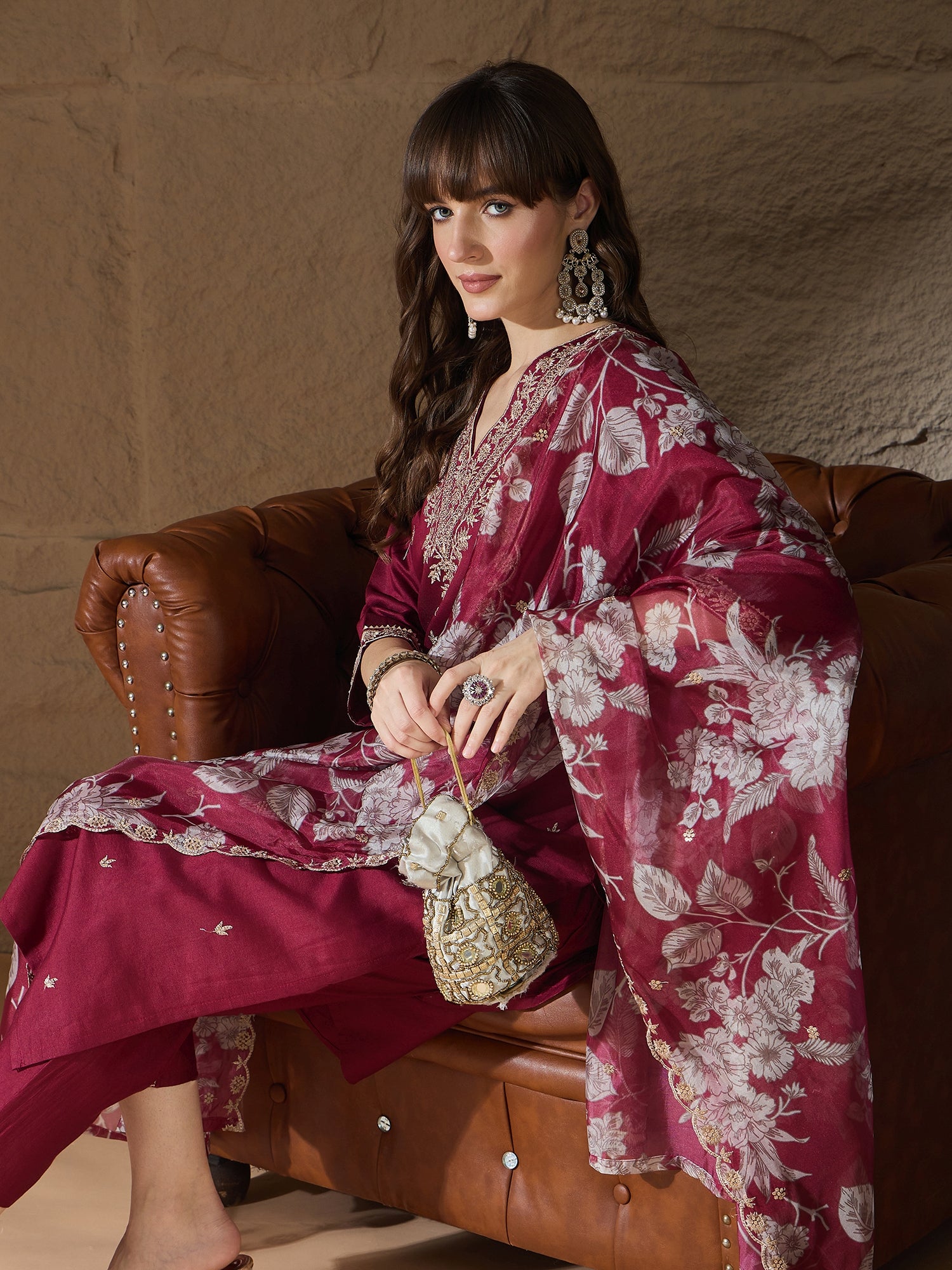 Chitra Charm Maroon Yoke Design Silk Blend Straight Suit With Dupatta