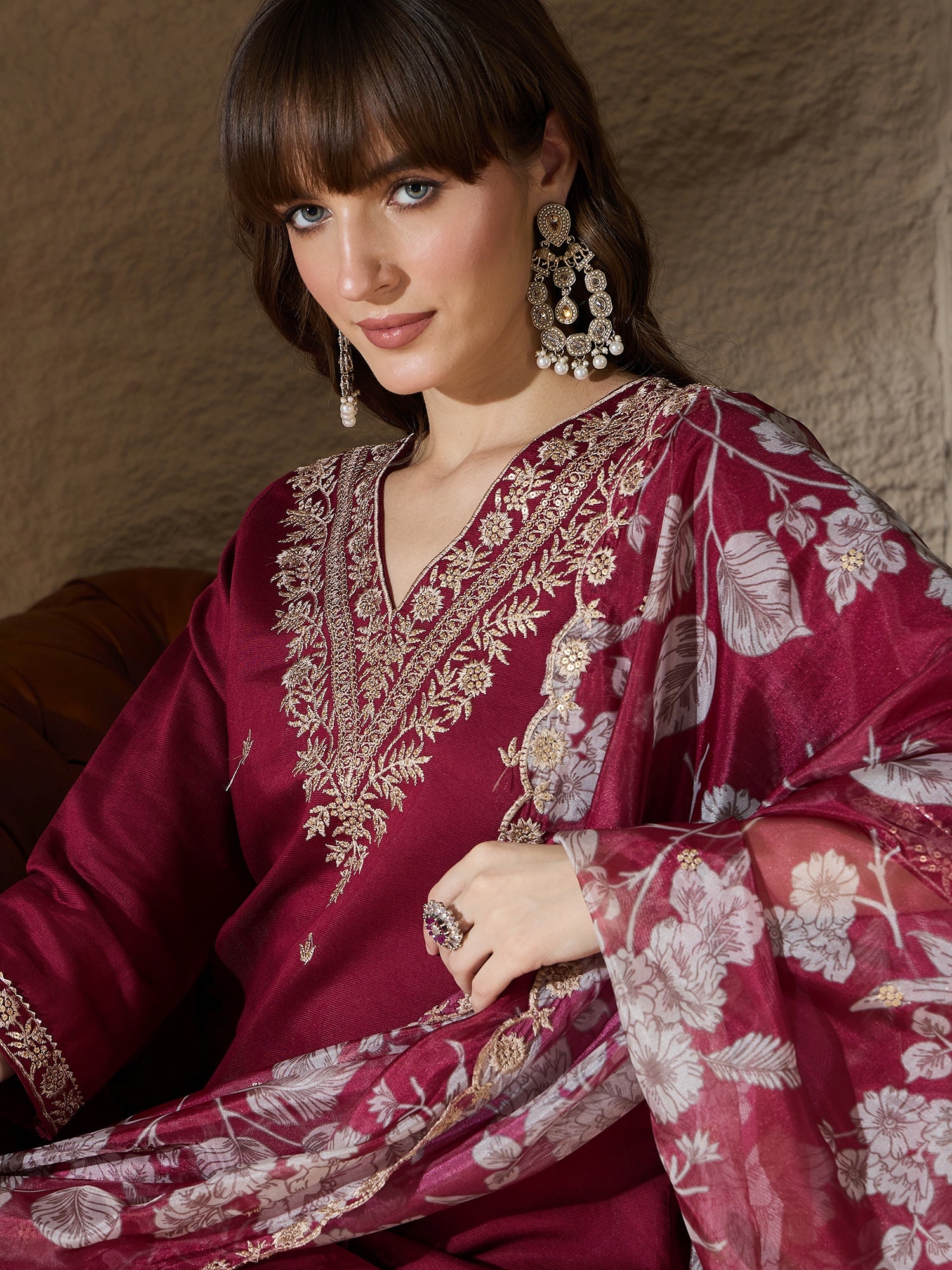 Chitra Charm Maroon Yoke Design Silk Blend Straight Suit With Dupatta