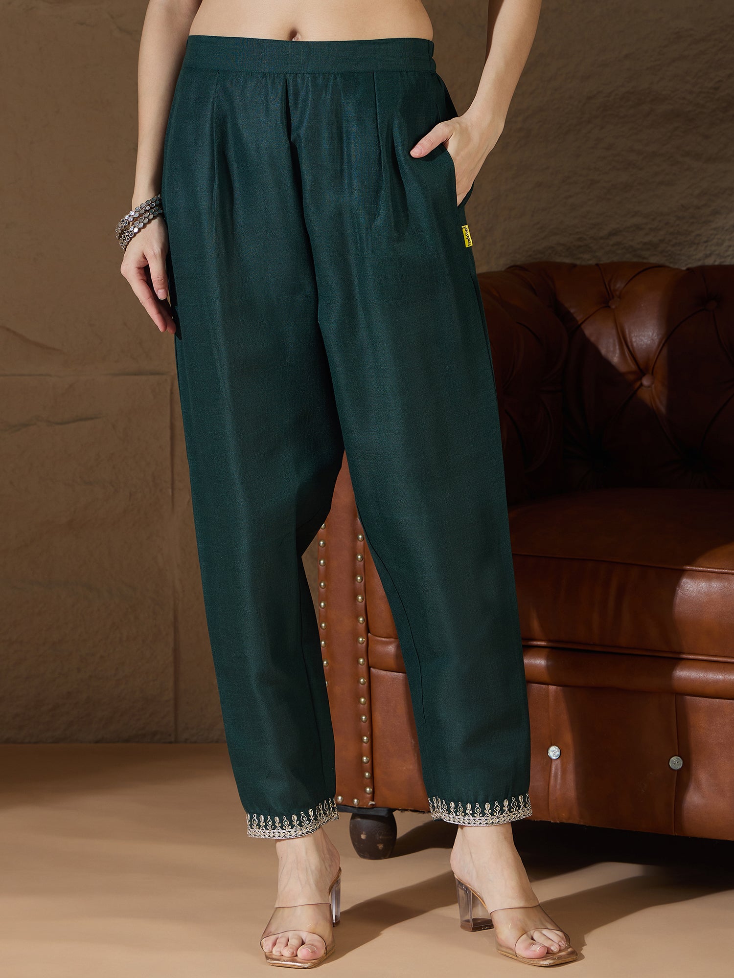 Nitya Green Women Kurta and Trousers Pant Sets Cotton Blend
