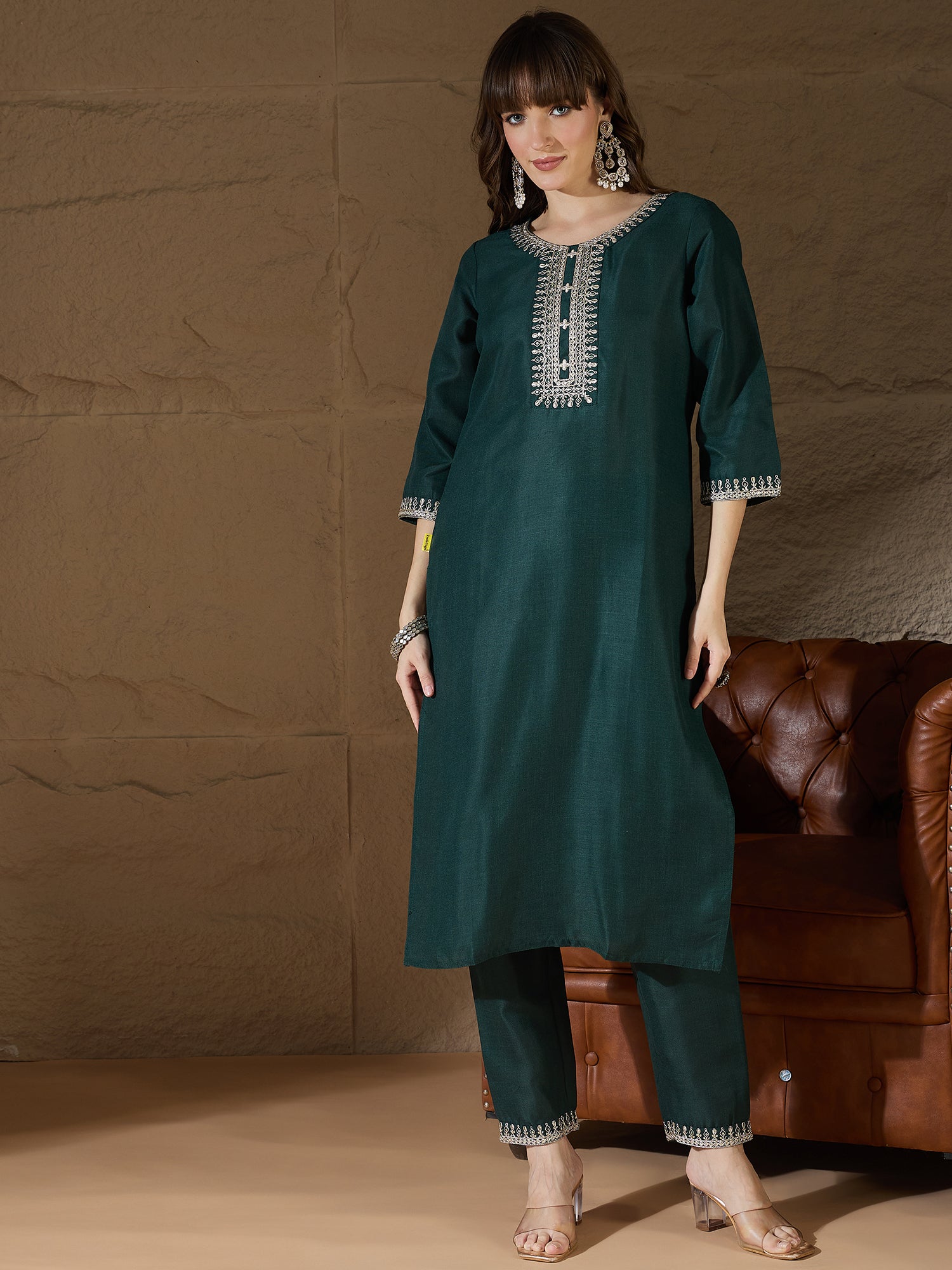 Nitya Green Women Kurta and Trousers Pant Sets Cotton Blend