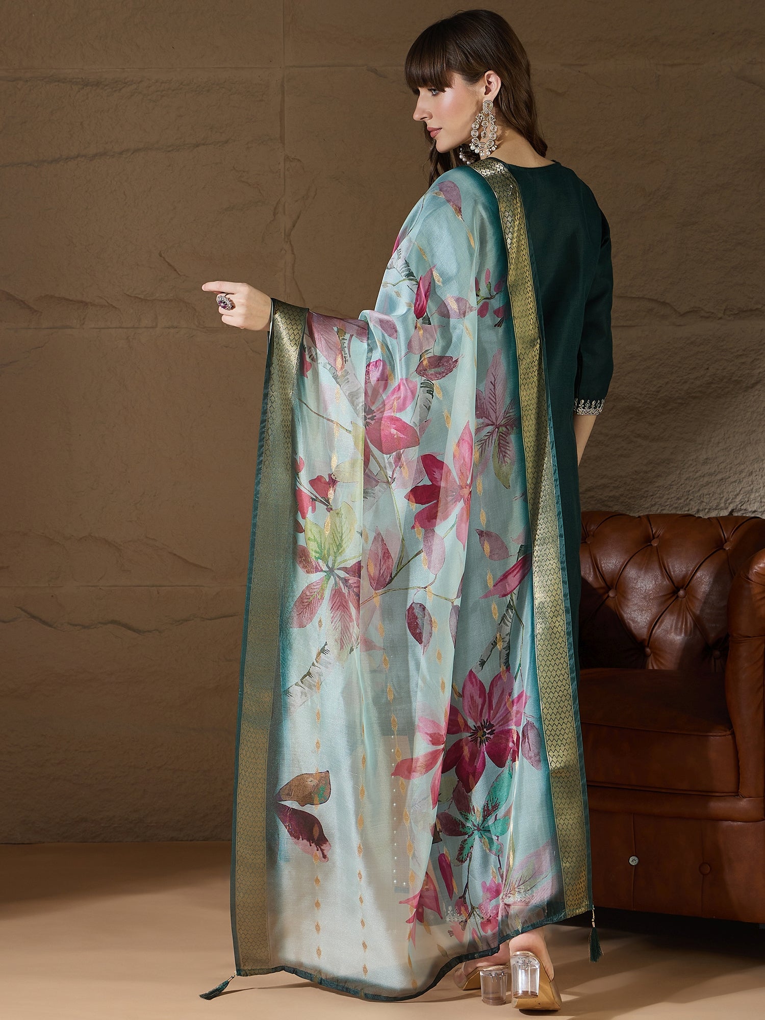 Nitya Green Women Kurta and Trousers Pant Sets Cotton Blend