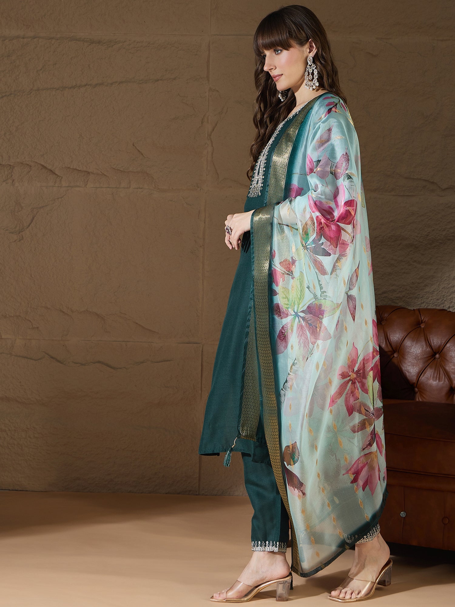 Nitya Green Women Kurta and Trousers Pant Sets Cotton Blend