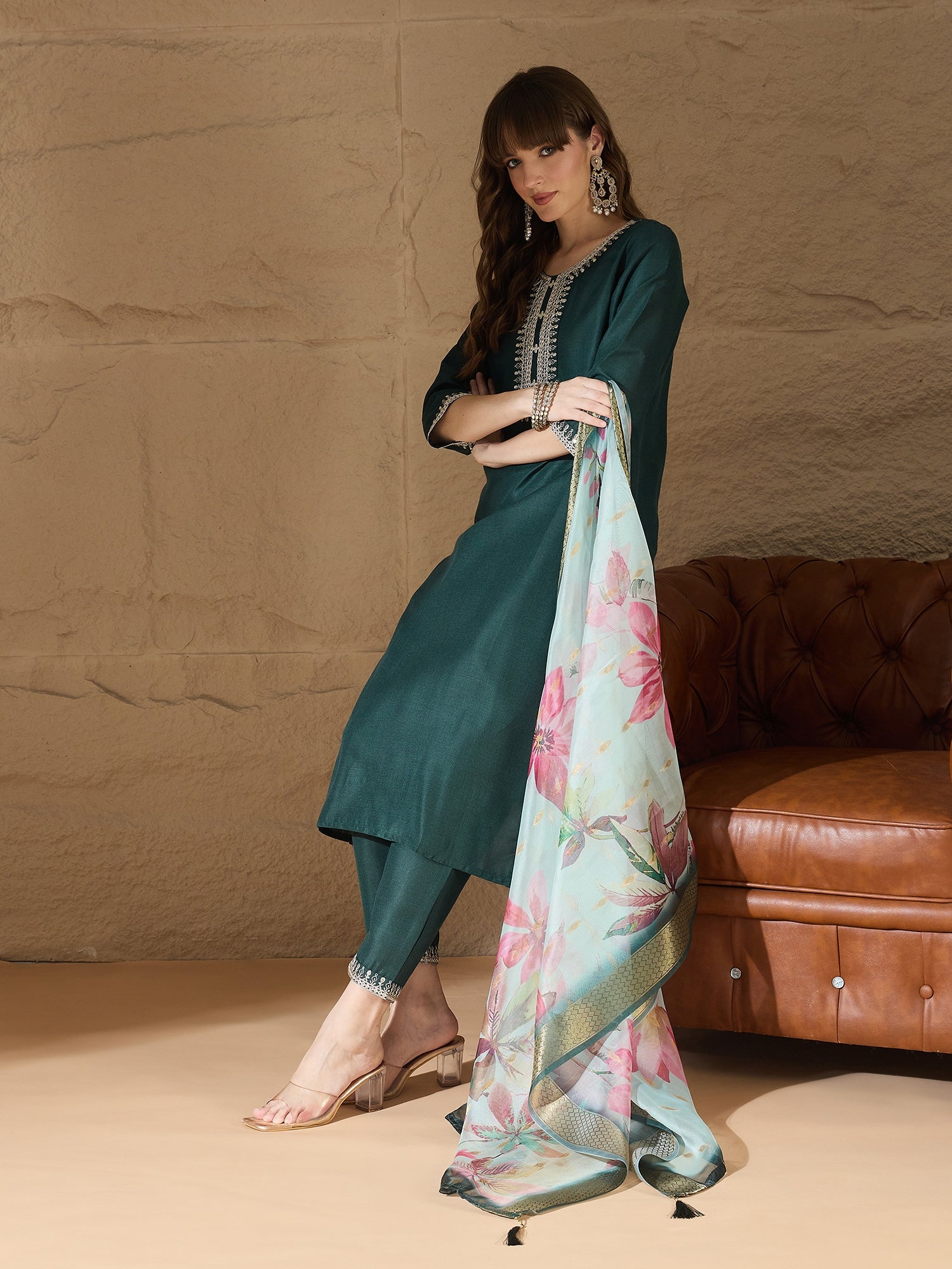 Nitya Green Women Kurta and Trousers Pant Sets Cotton Blend