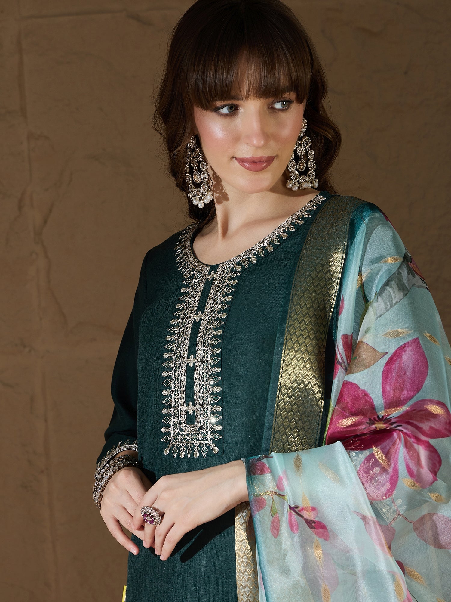 Nitya Green Women Kurta and Trousers Pant Sets Cotton Blend
