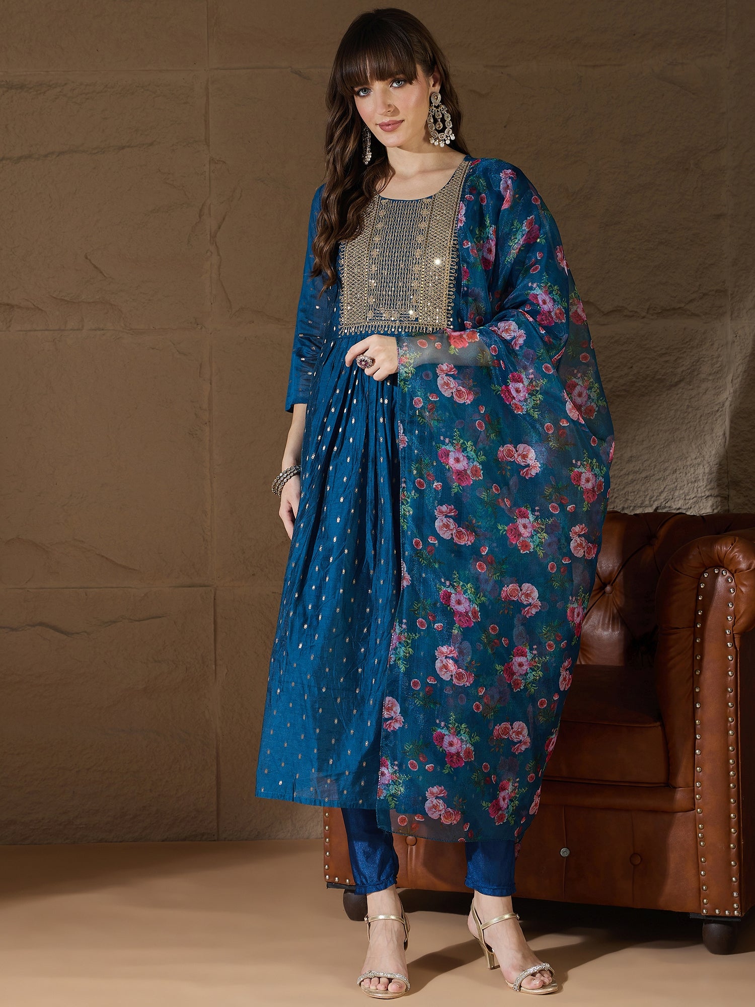 Neelangi Teal Women Kurta and Leggings Duppata Set Chanderi Modal Butti