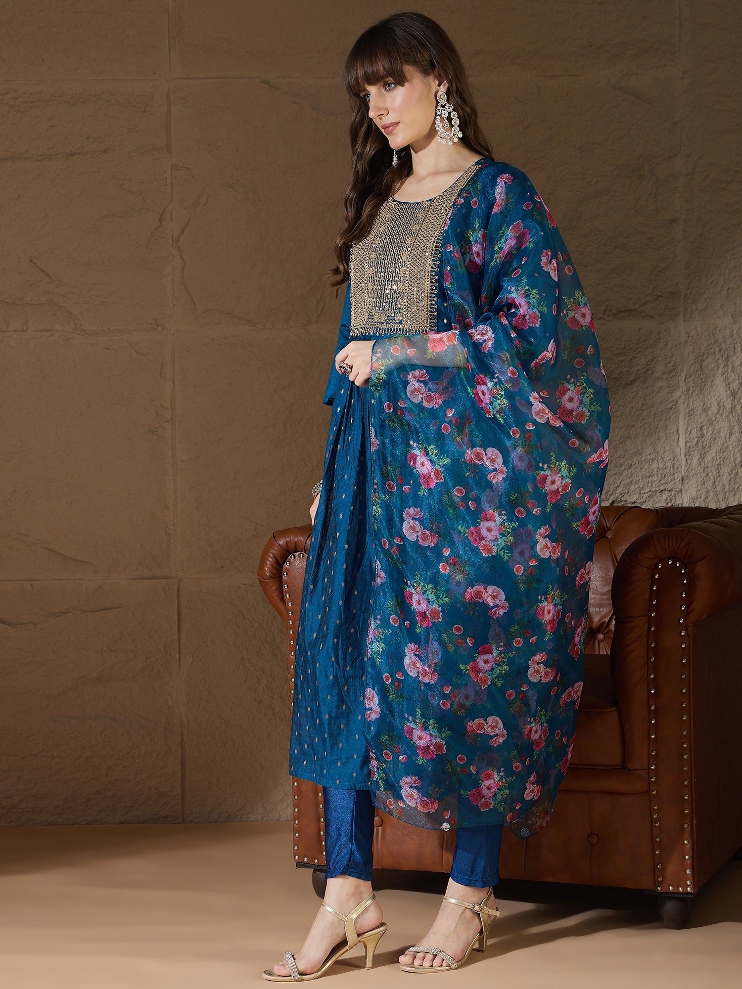 Neelangi Teal Women Kurta and Leggings Duppata Set Chanderi Modal Butti