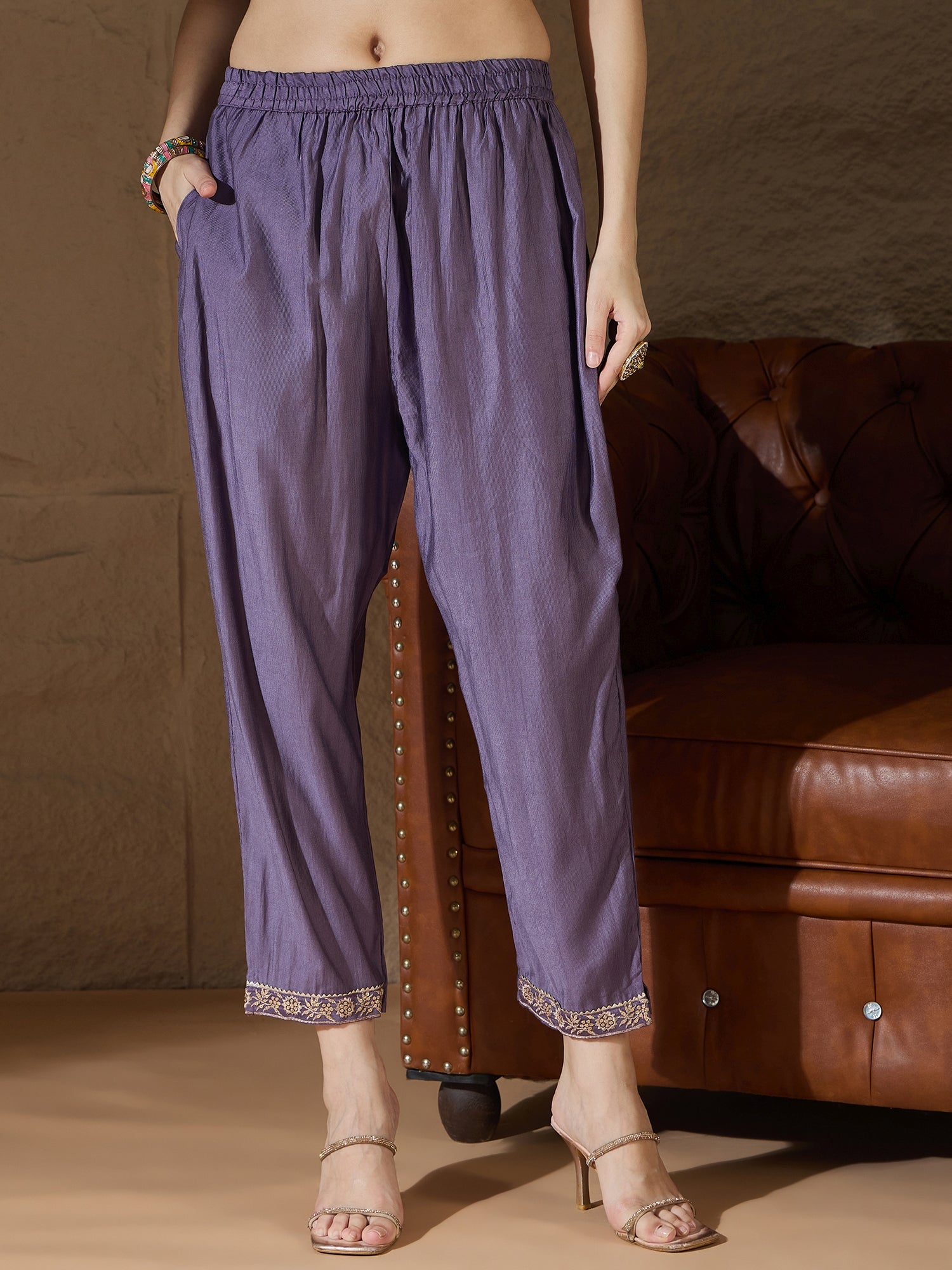 Advitaya Charm Lavender Yoke Design Silk Blend Straight Suit With Dupatta