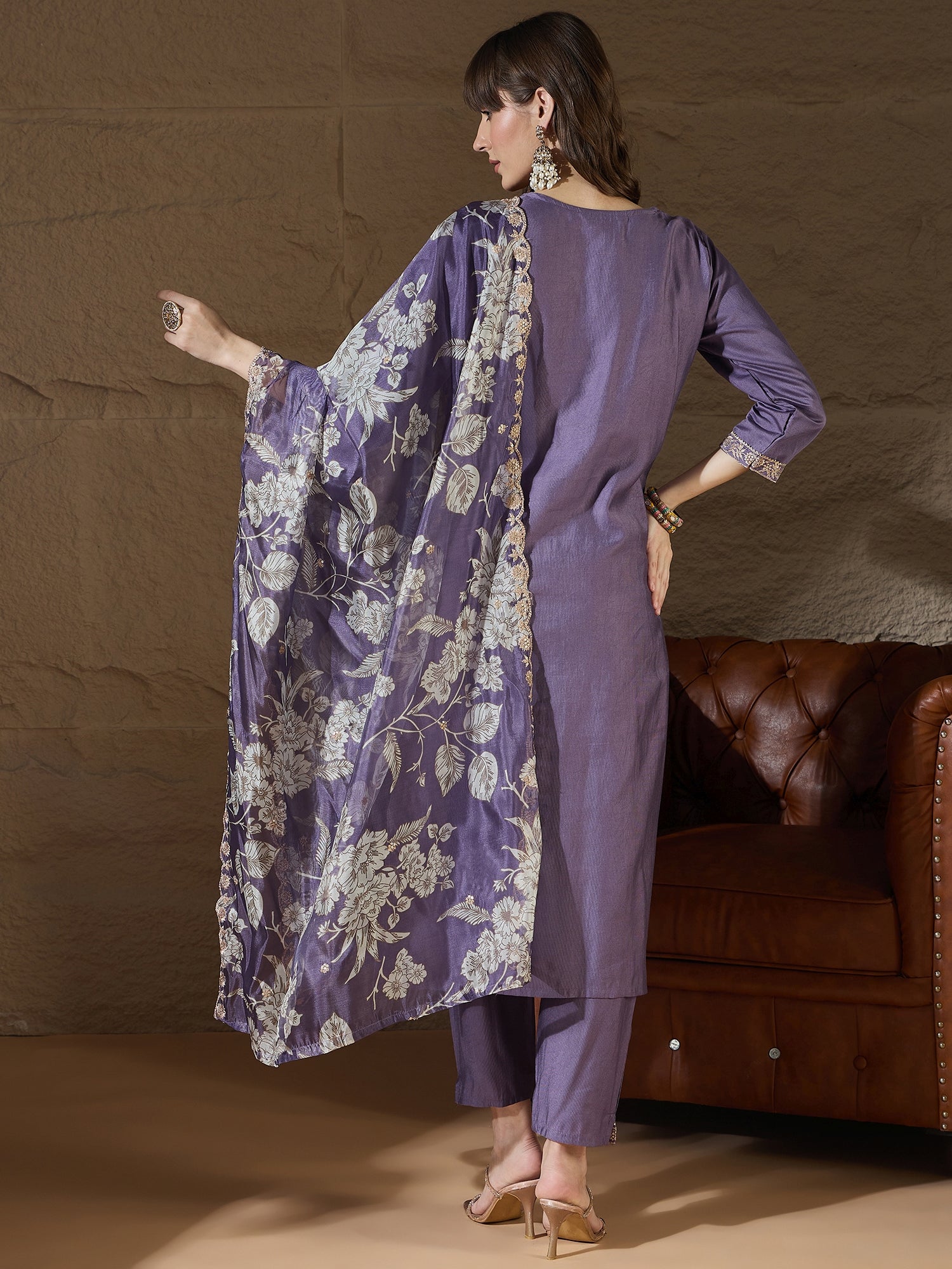 Chitra Charm Lavender Yoke Design Silk Blend Straight Suit With Dupatta