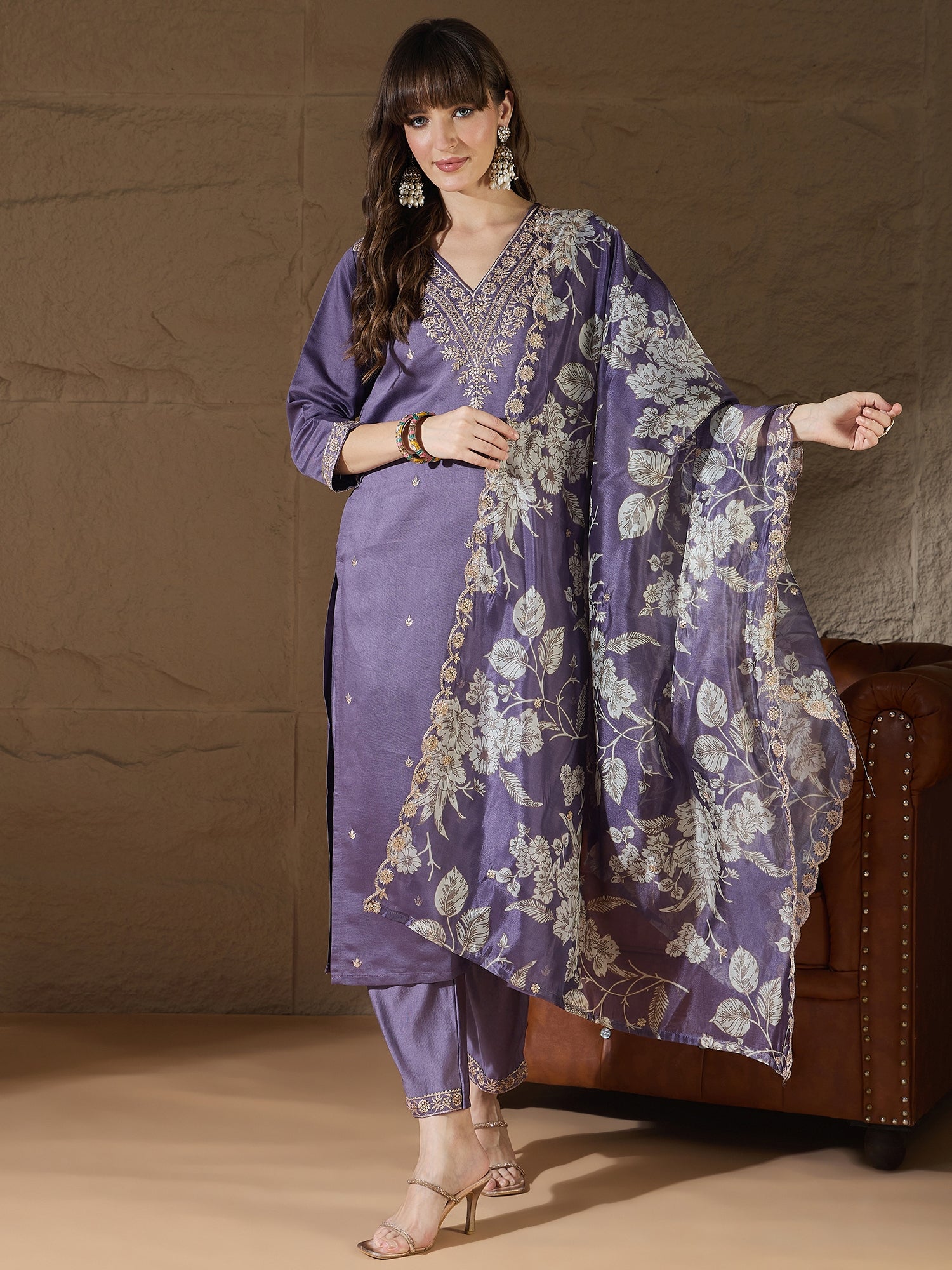 Advitaya Charm Lavender Yoke Design Silk Blend Straight Suit With Dupatta