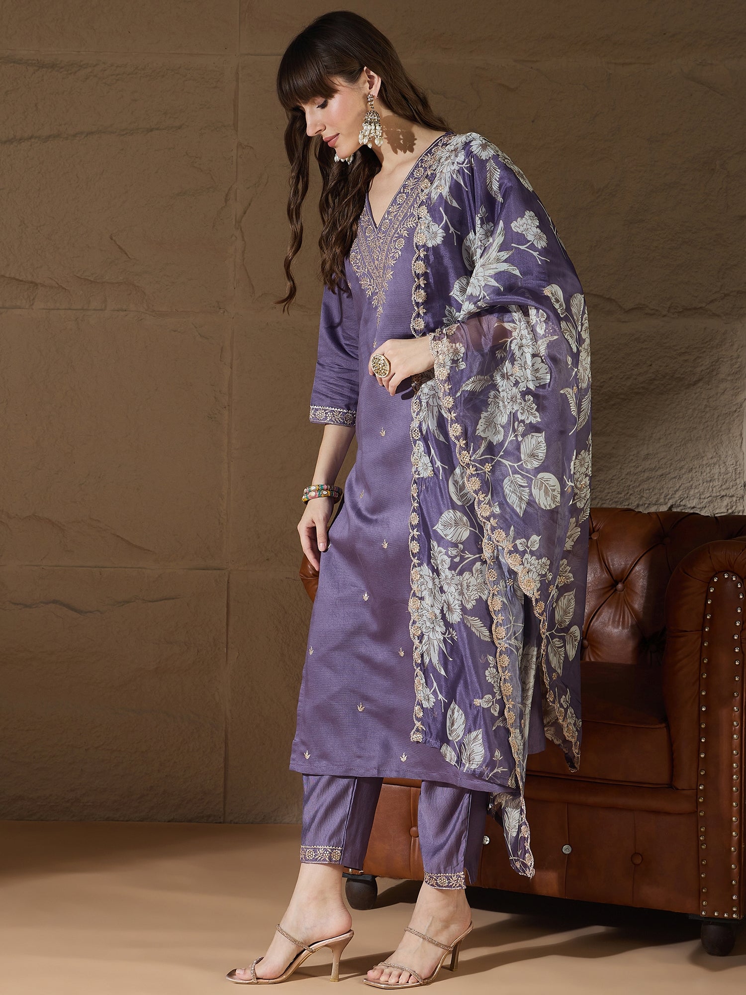 Advitaya Charm Lavender Yoke Design Silk Blend Straight Suit With Dupatta